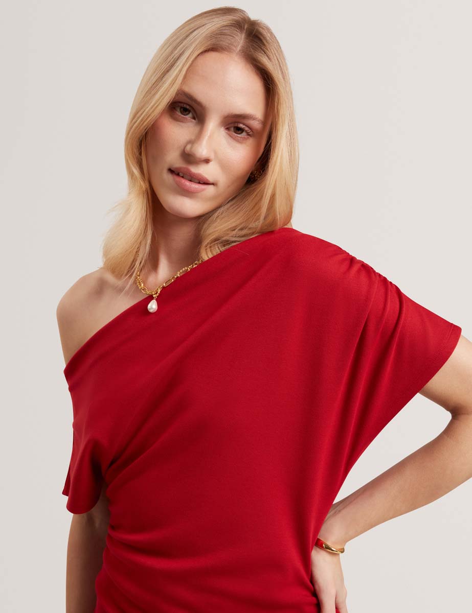 Hycilla Jersey Asymmetric Neck Top Red