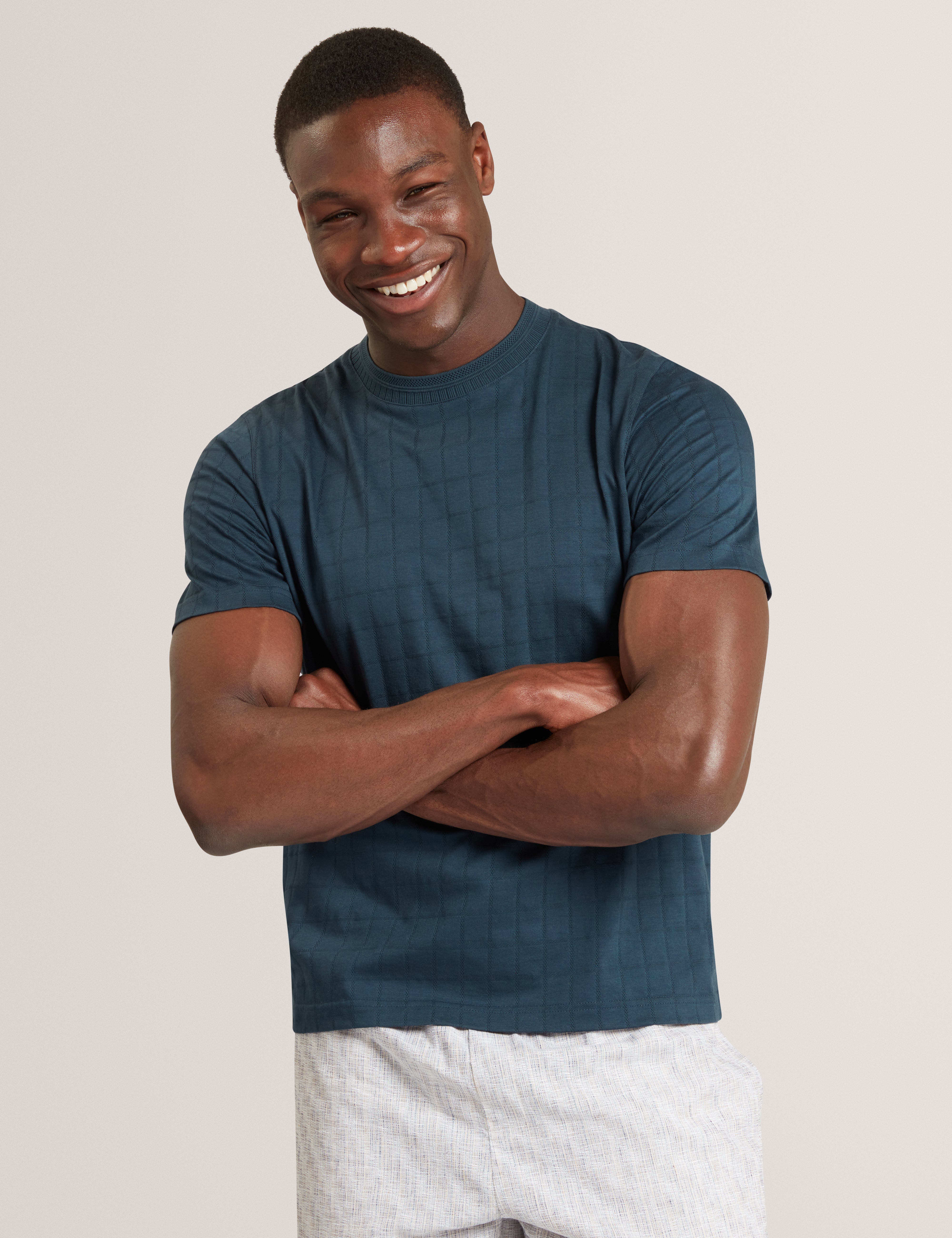 Heminwy Short Sleeve Square Jacquard T-Shirt Mid-Navy