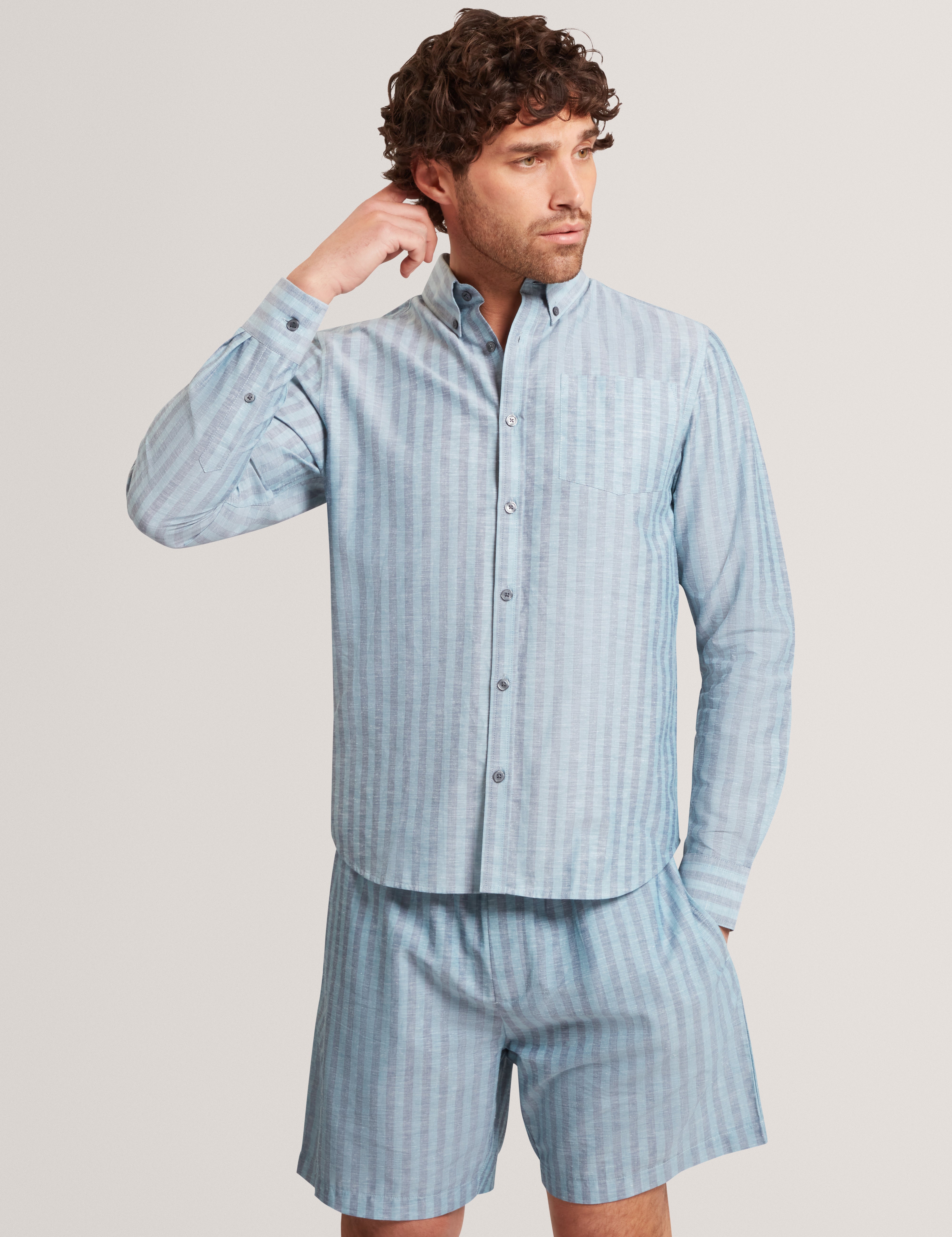 Andrsen Long Sleeve Regular Linen Blend Stripe Teal-Blue