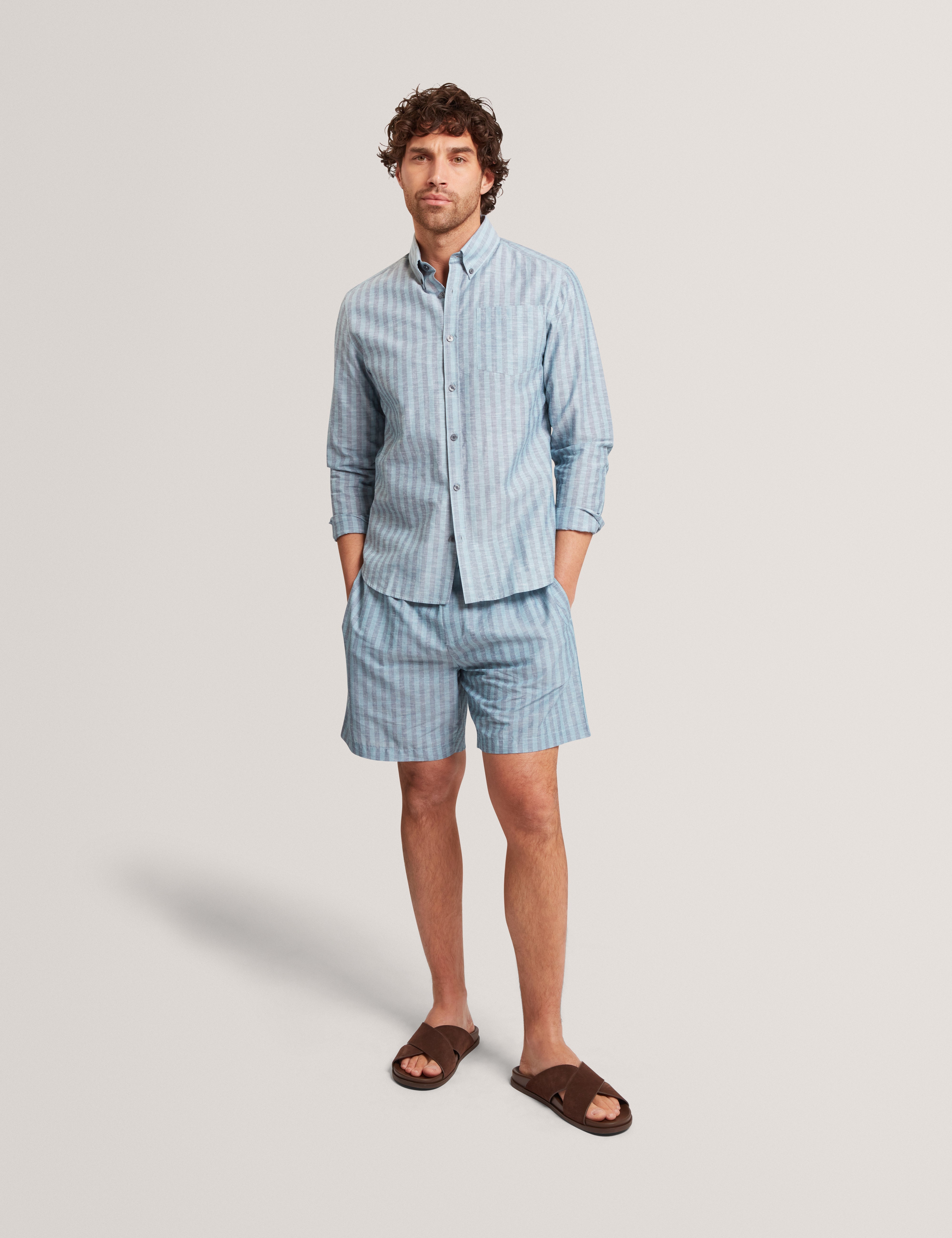 Andrsen Long Sleeve Regular Linen Blend Stripe Teal-Blue