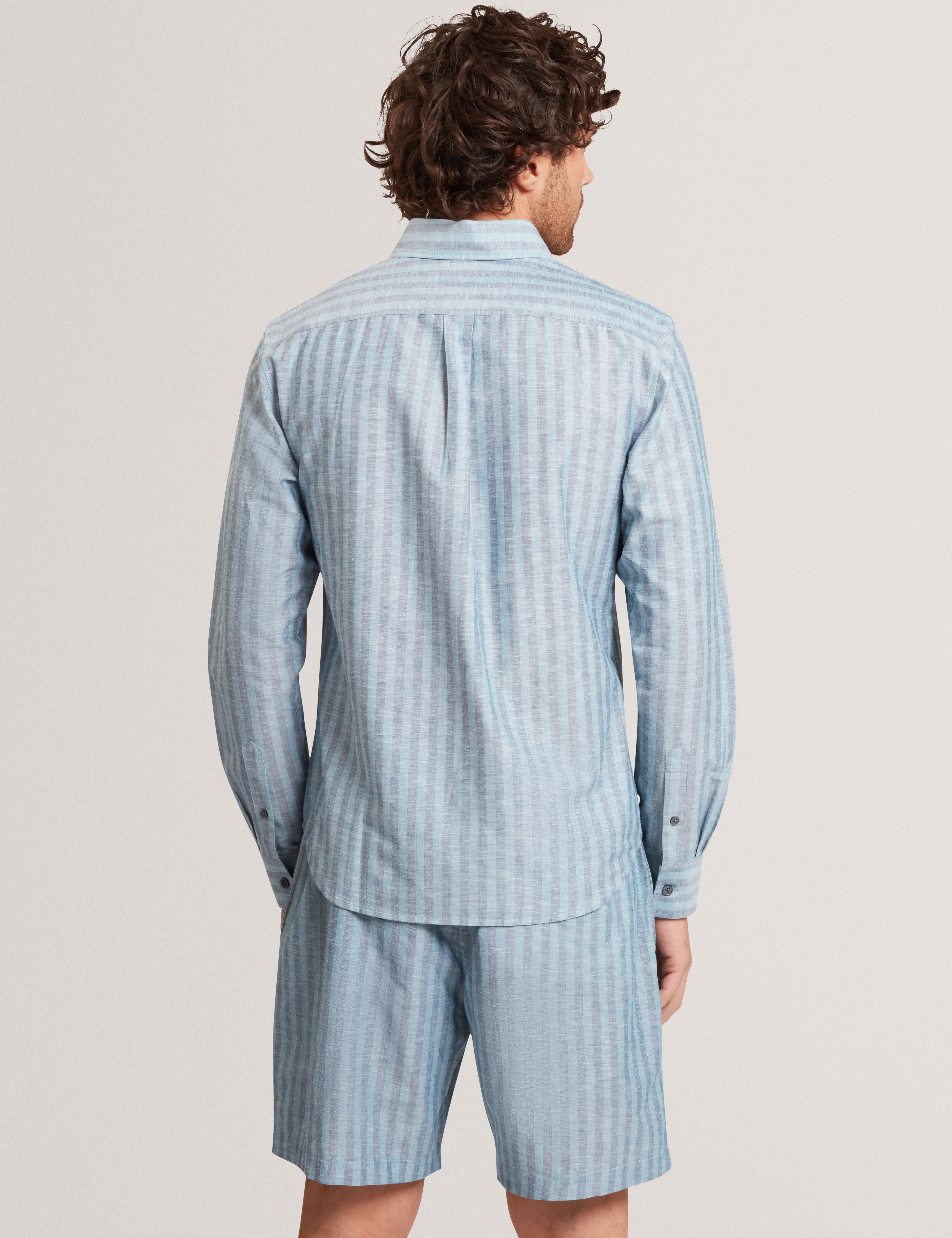 Andrsen Long Sleeve Regular Linen Blend Stripe Teal-Blue