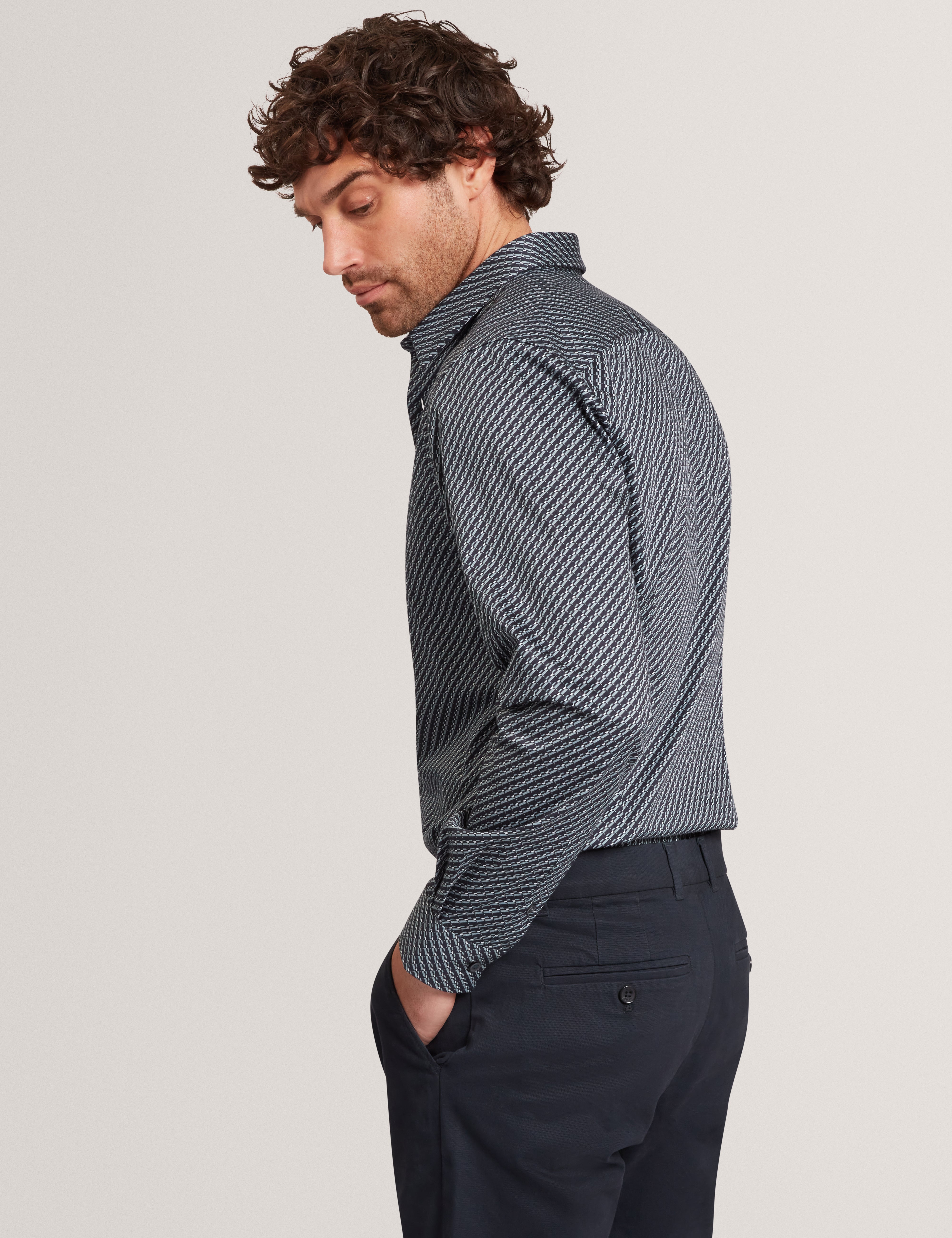 Grelish Ls Slim Micro Geo قميص أزرق مخضر