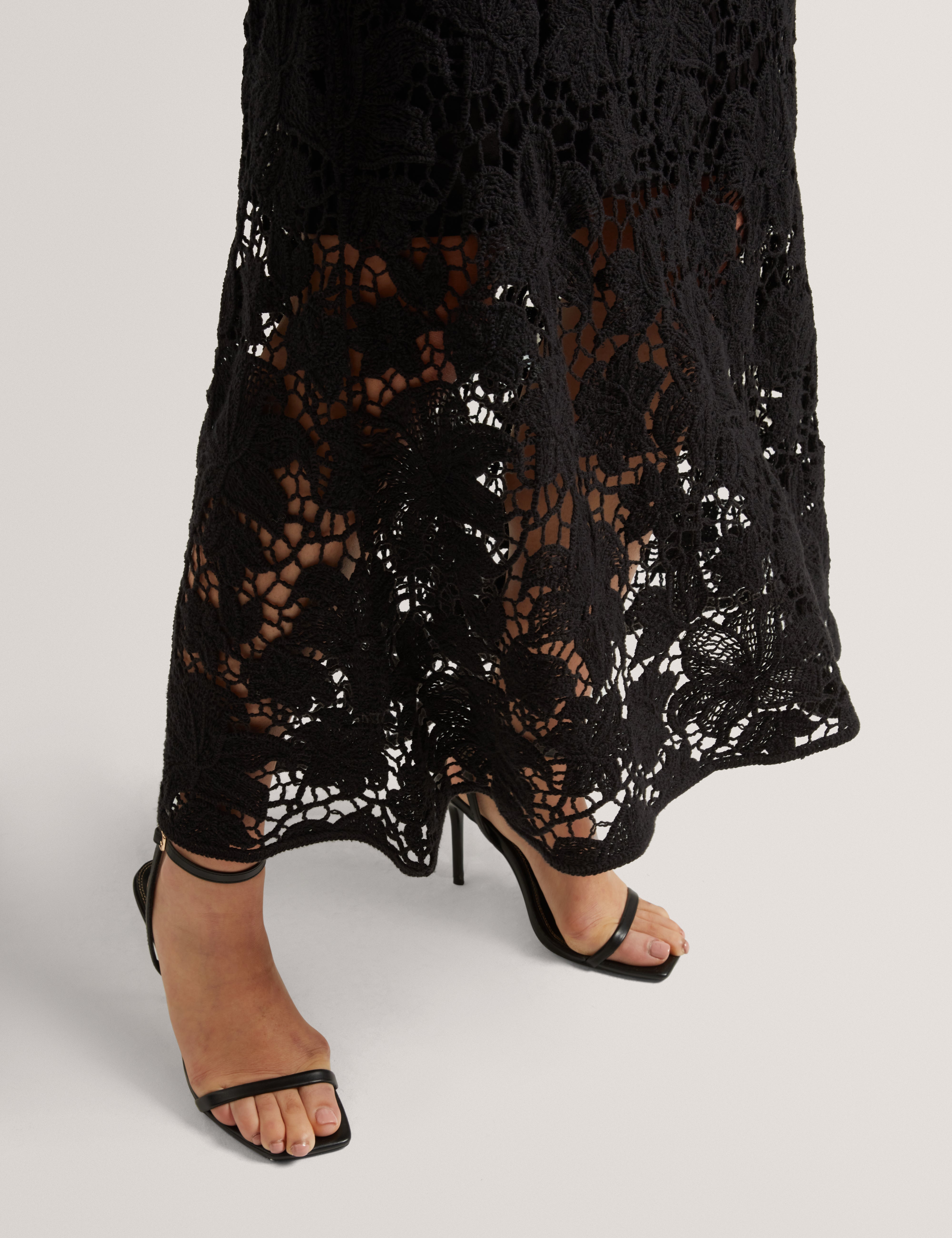 Aphria Crochet Knit Midi Flared Skirt Black