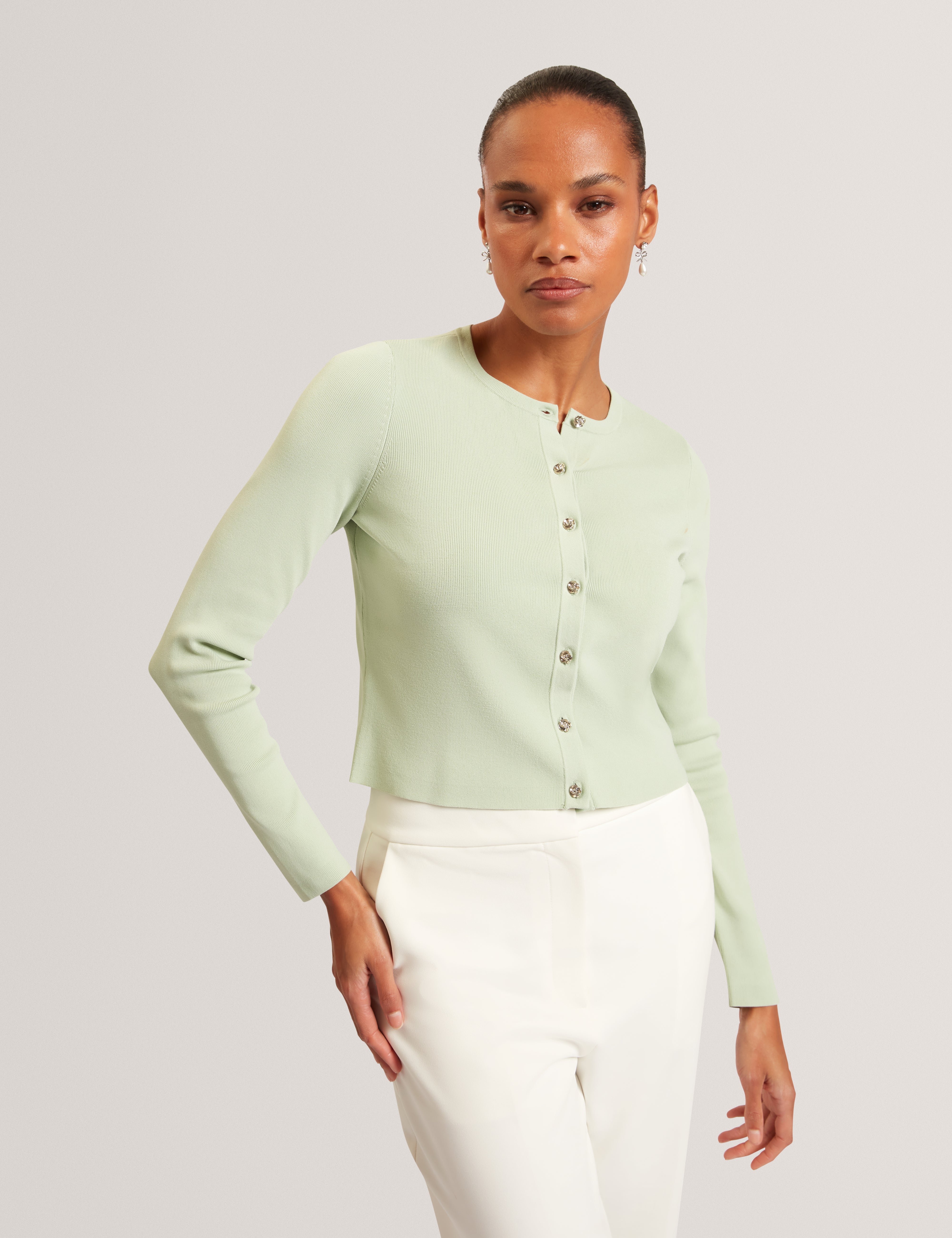Vedla Cropped Crew Neck Cardigan Pl-Green