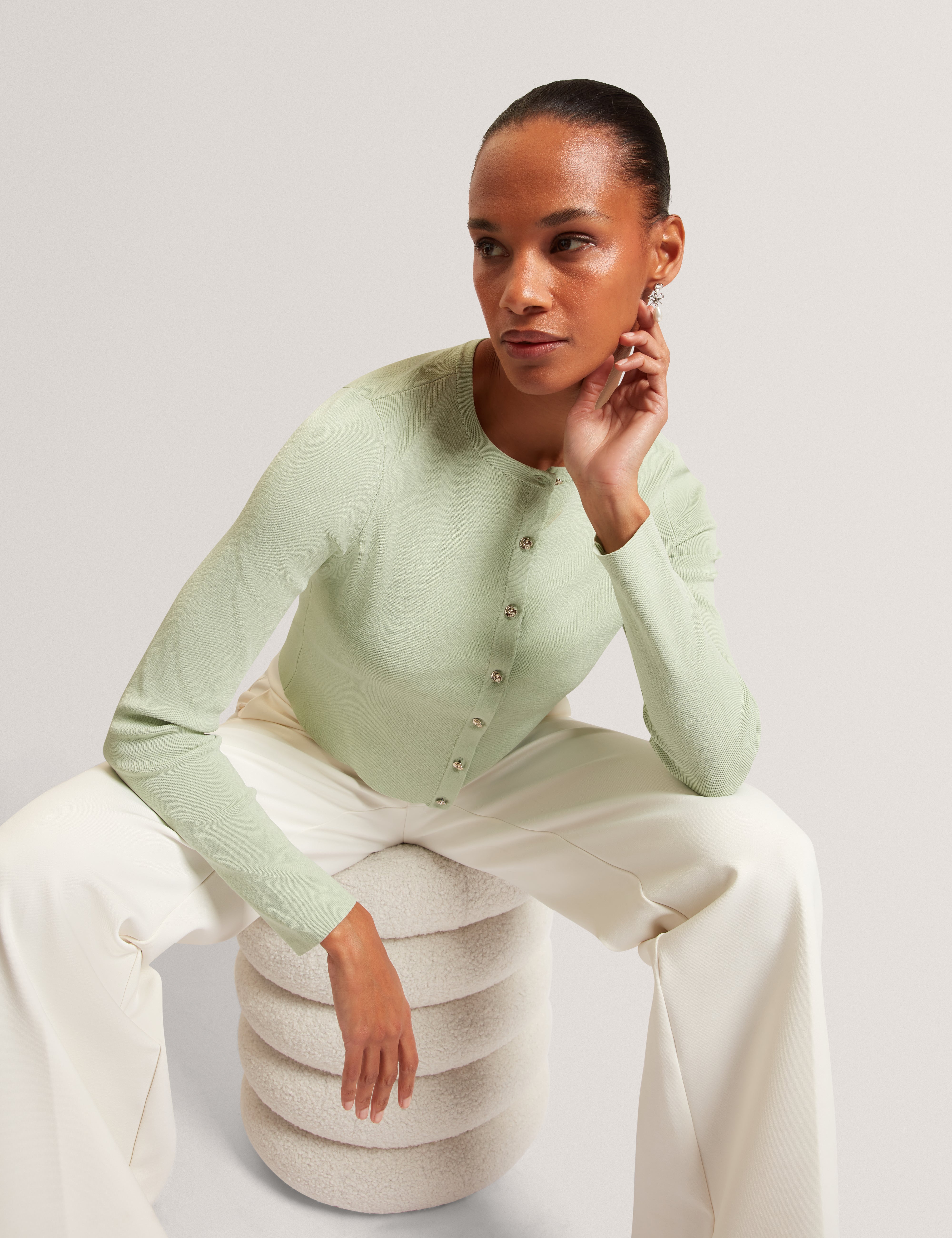 Vedla Cropped Crew Neck Cardigan Pl-Green