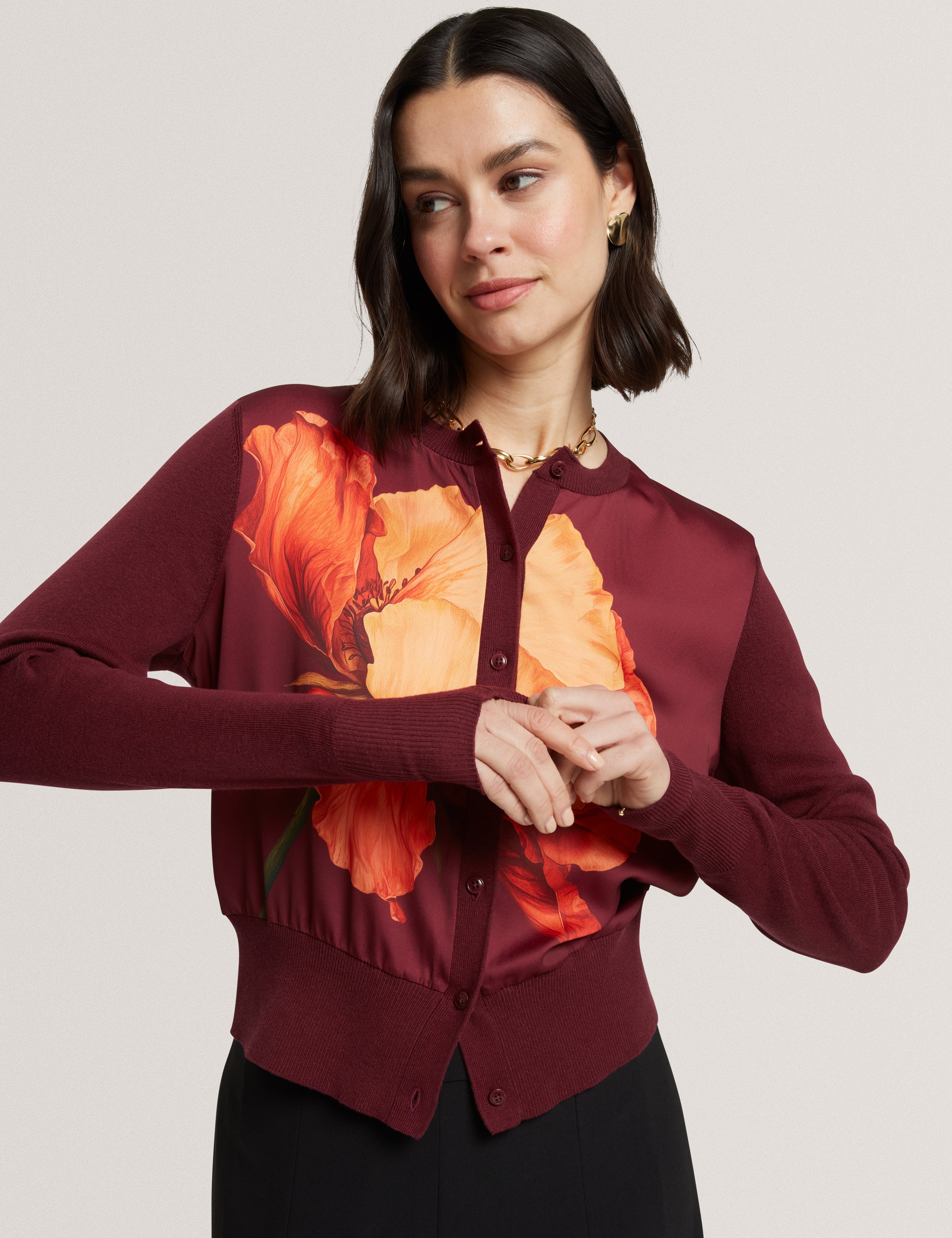 Amaryli Printed Woven Front Cardigan Oxblood
