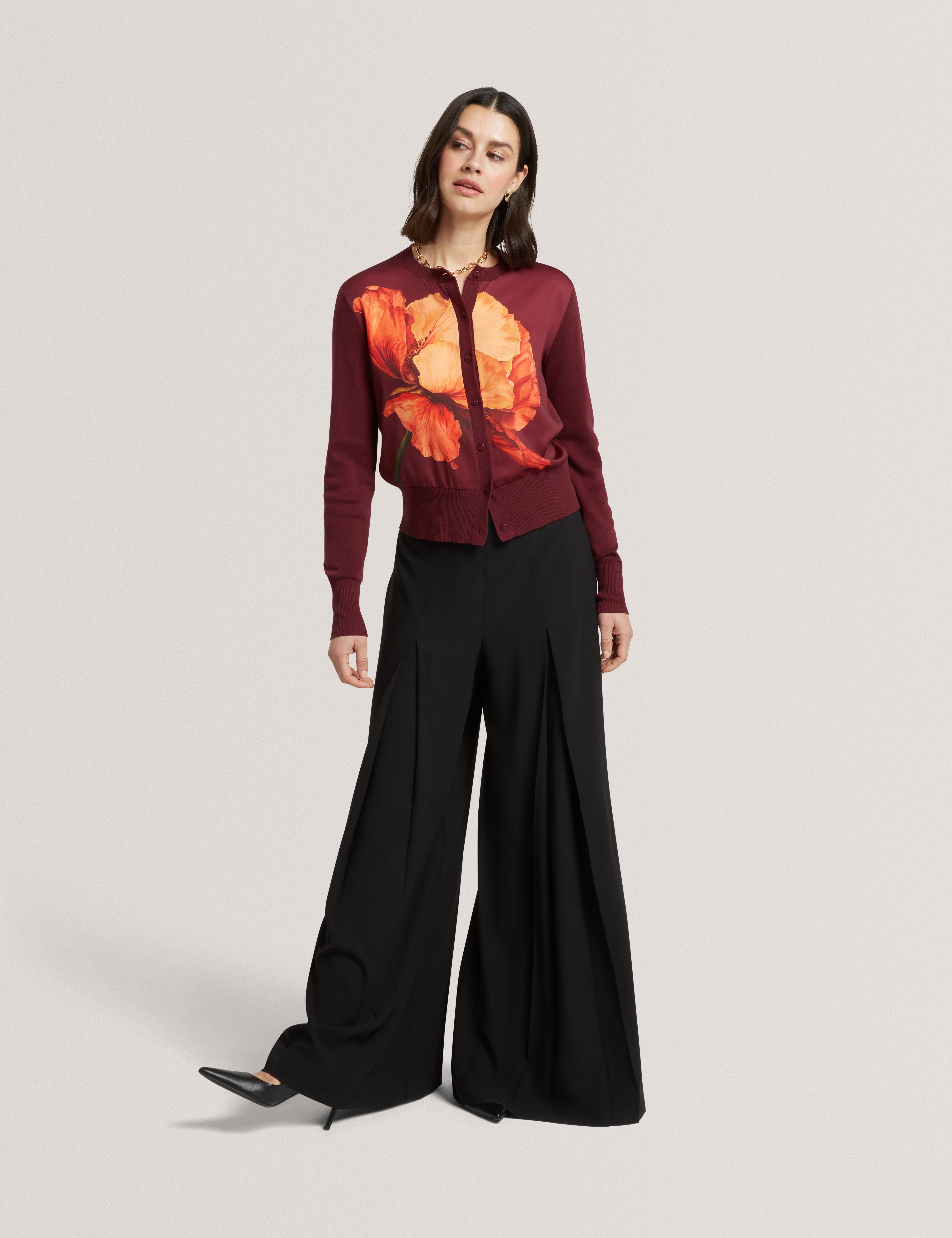 Amaryli Printed Woven Front Cardigan Oxblood