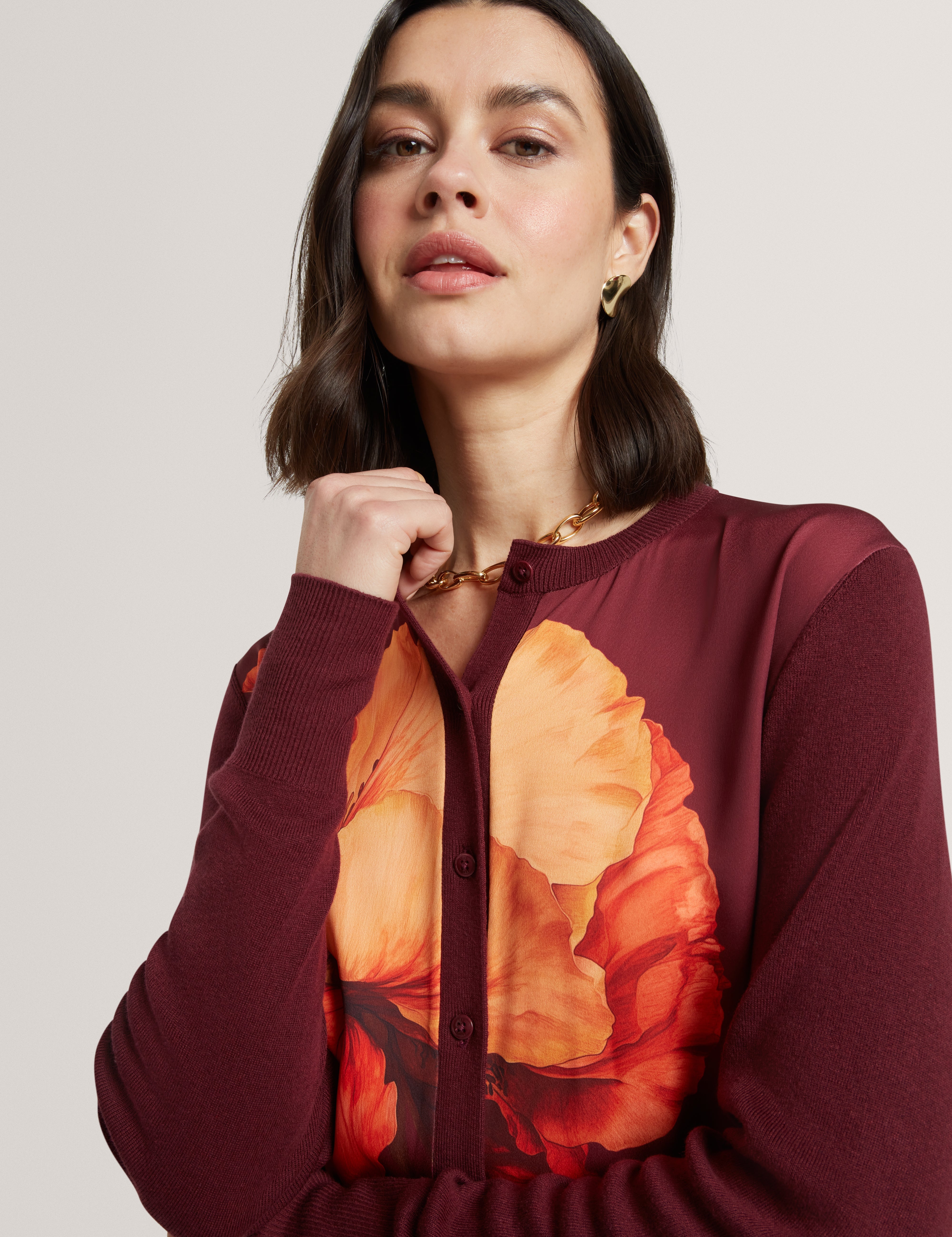 Amaryli Printed Woven Front Cardigan Oxblood
