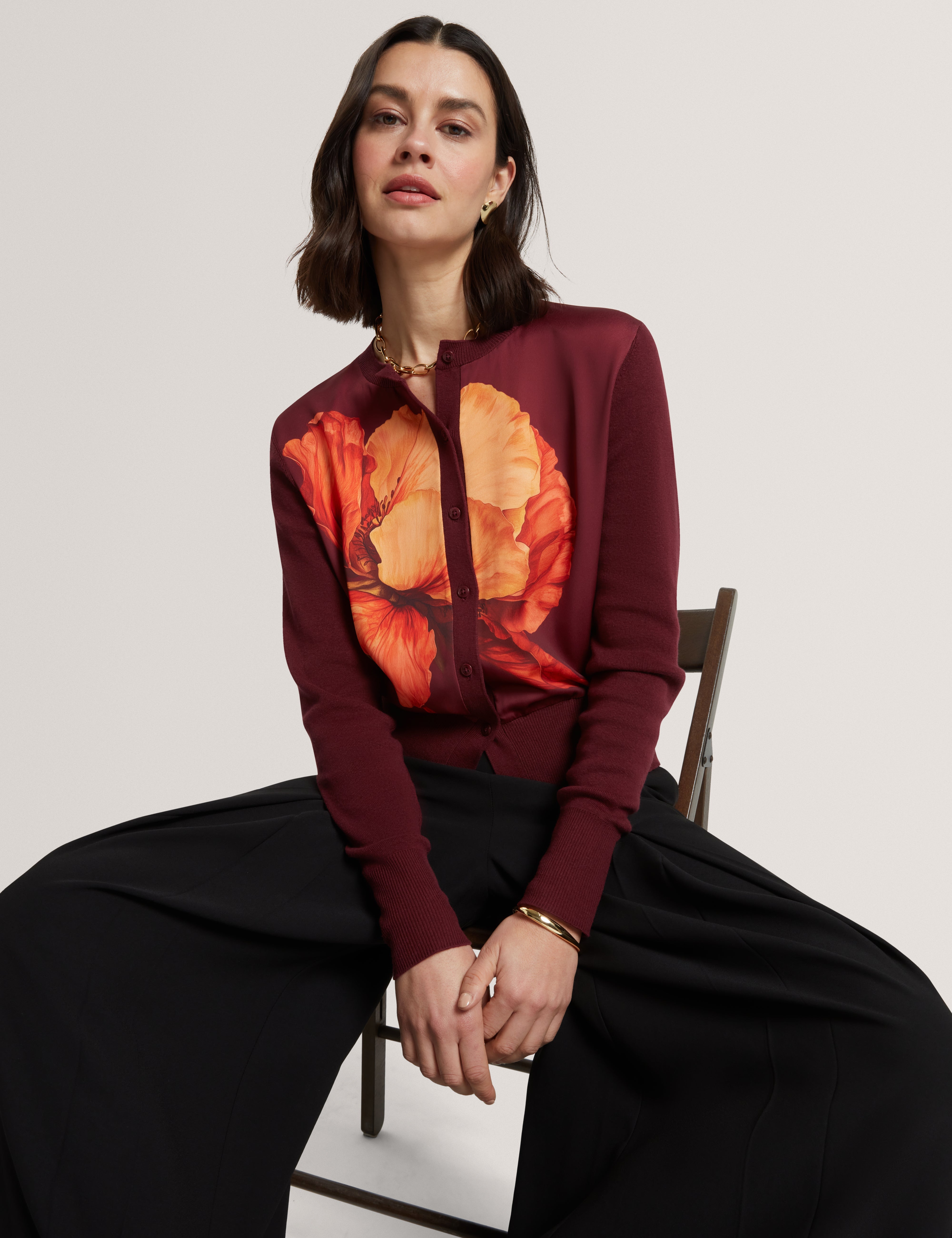 Amaryli Printed Woven Front Cardigan Oxblood