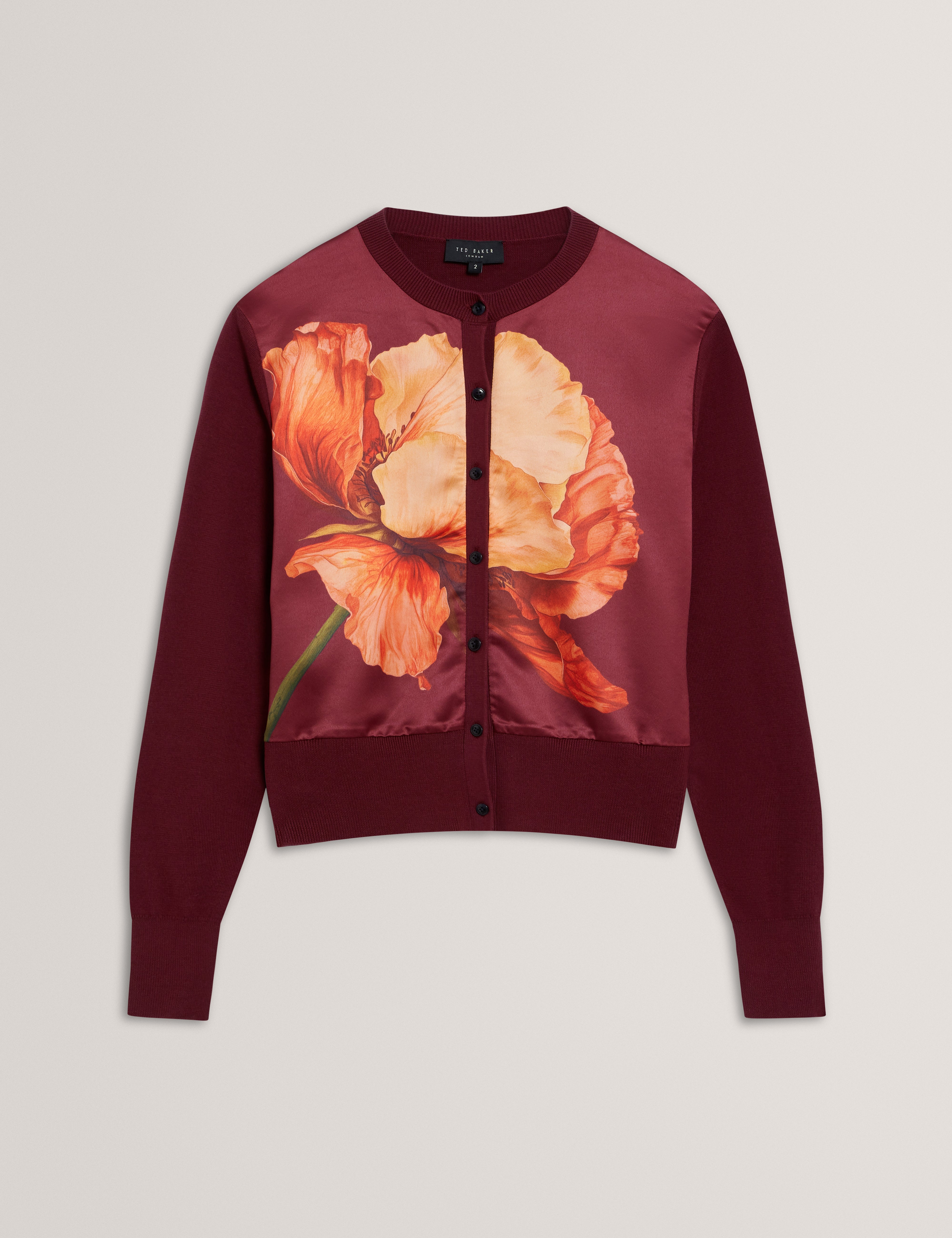 Amaryli Printed Woven Front Cardigan Oxblood