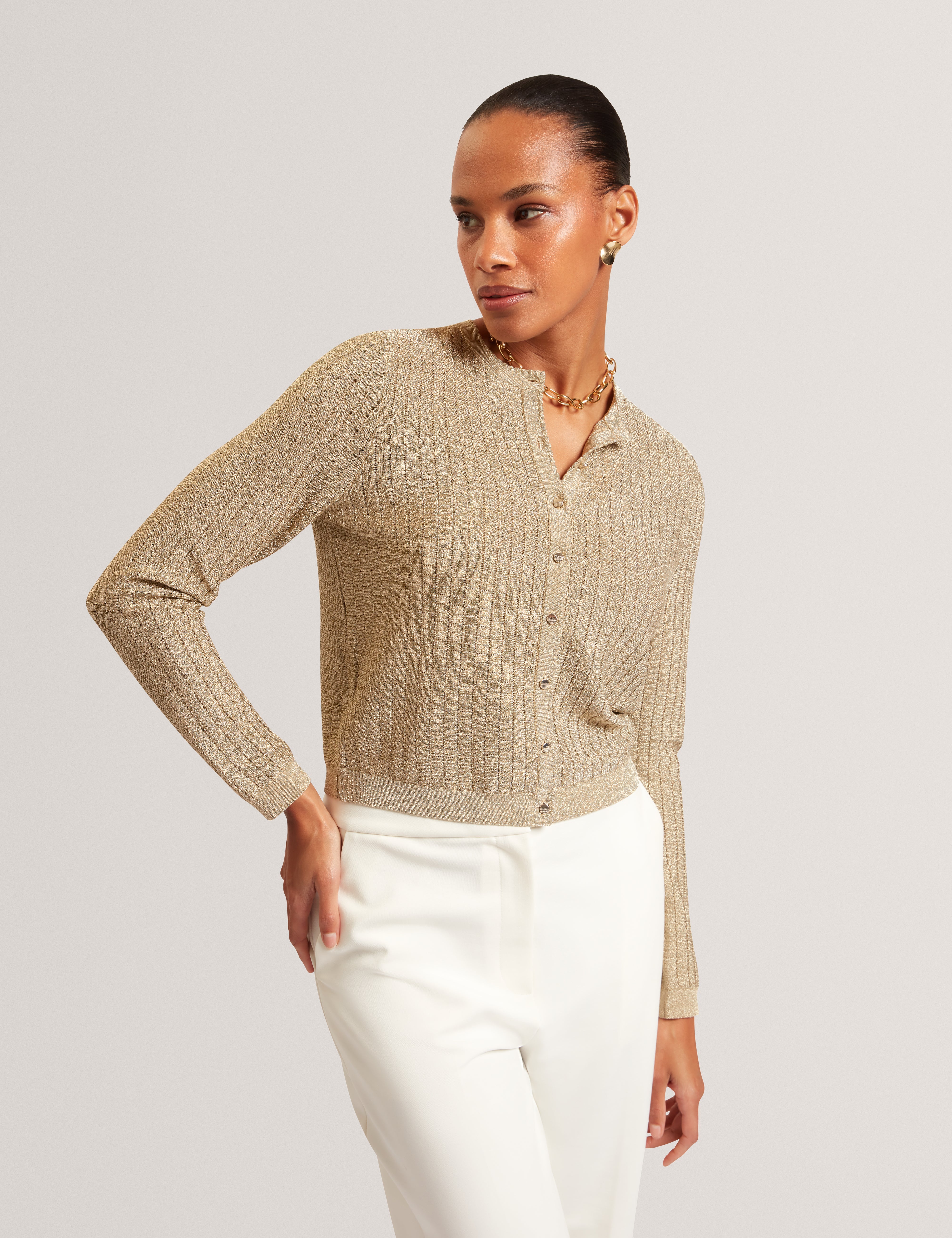 Iolanth Knitted Crew Neck Cropped Cardigan Gold