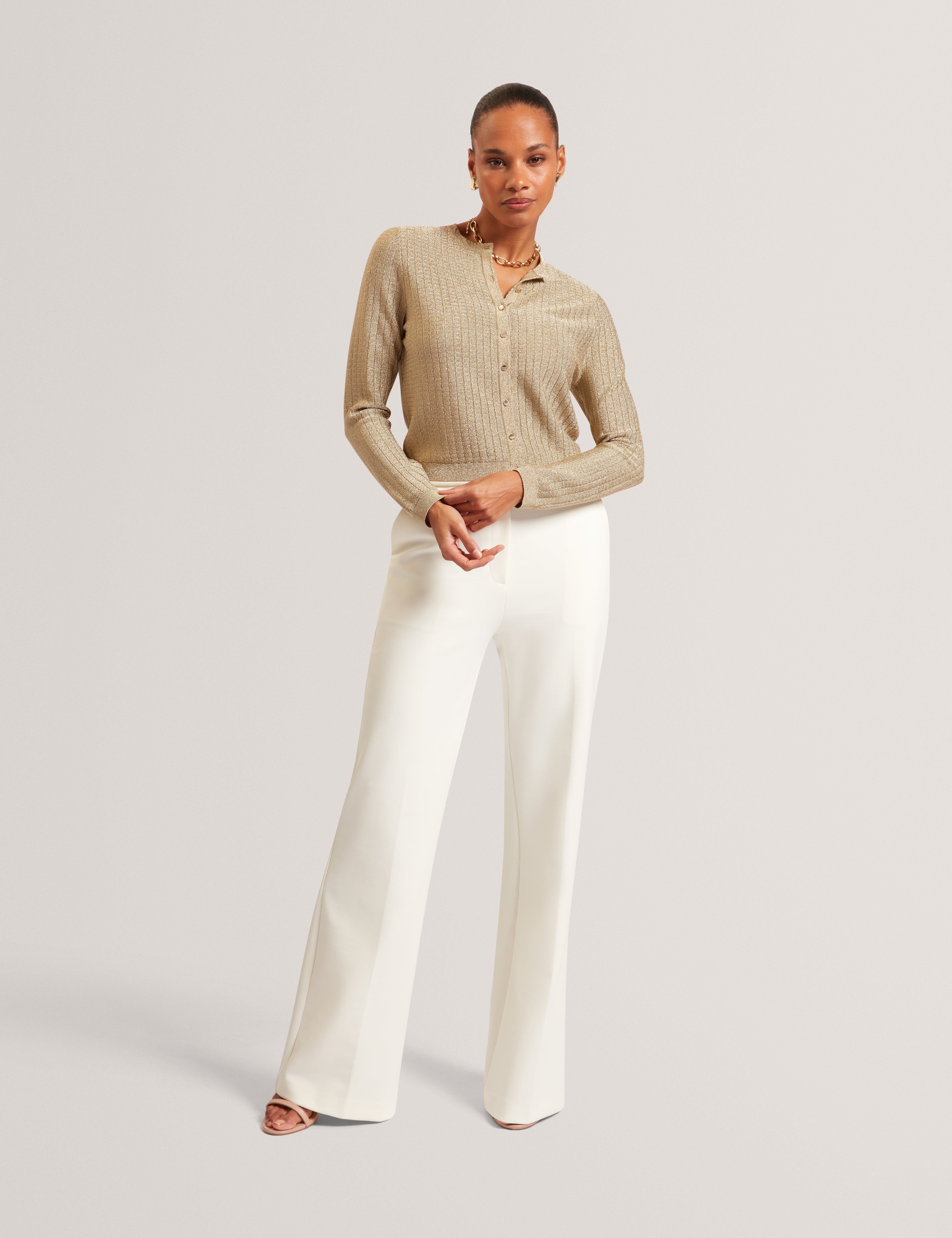 Iolanth Knitted Crew Neck Cropped Cardigan Gold