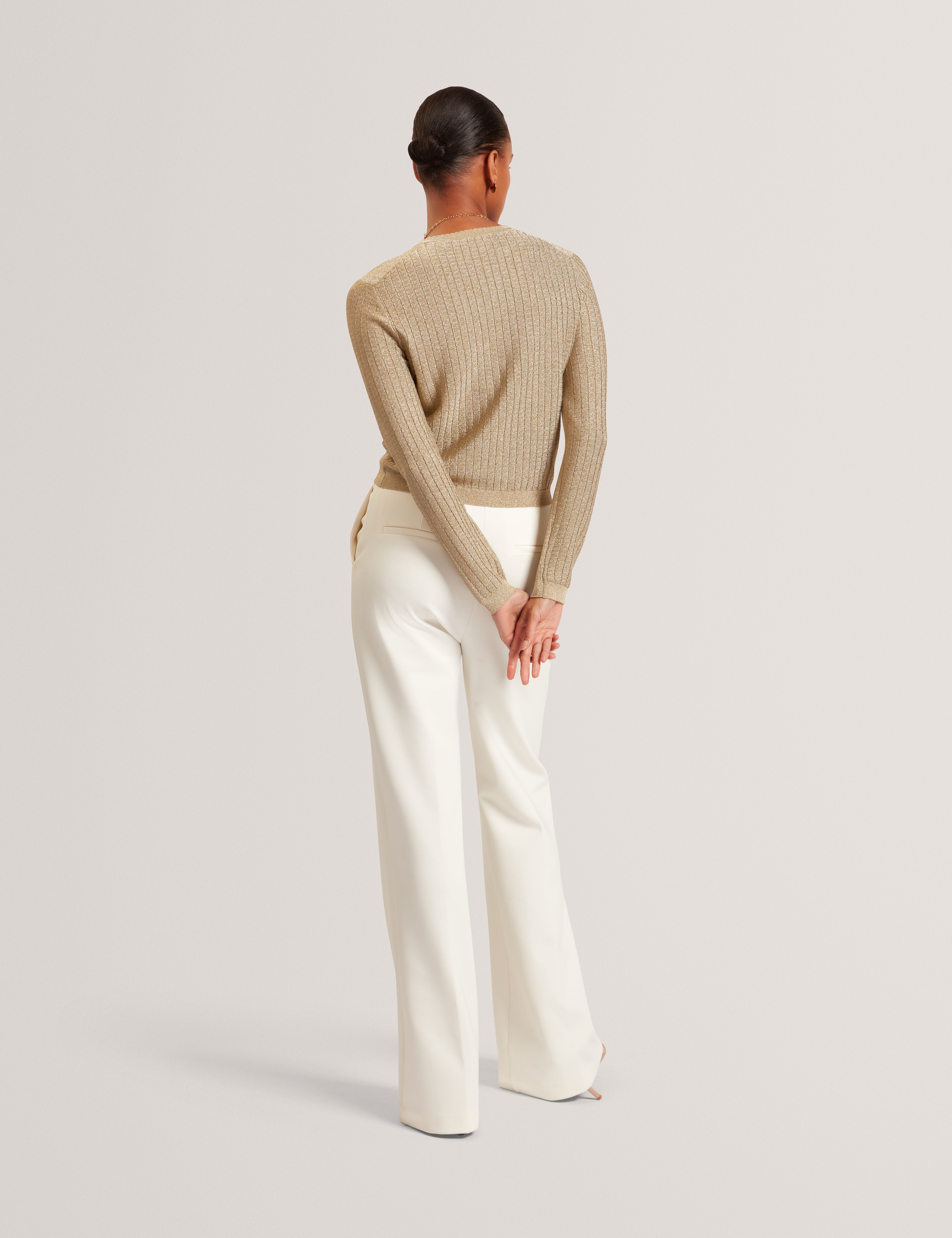 Iolanth Knitted Crew Neck Cropped Cardigan Gold