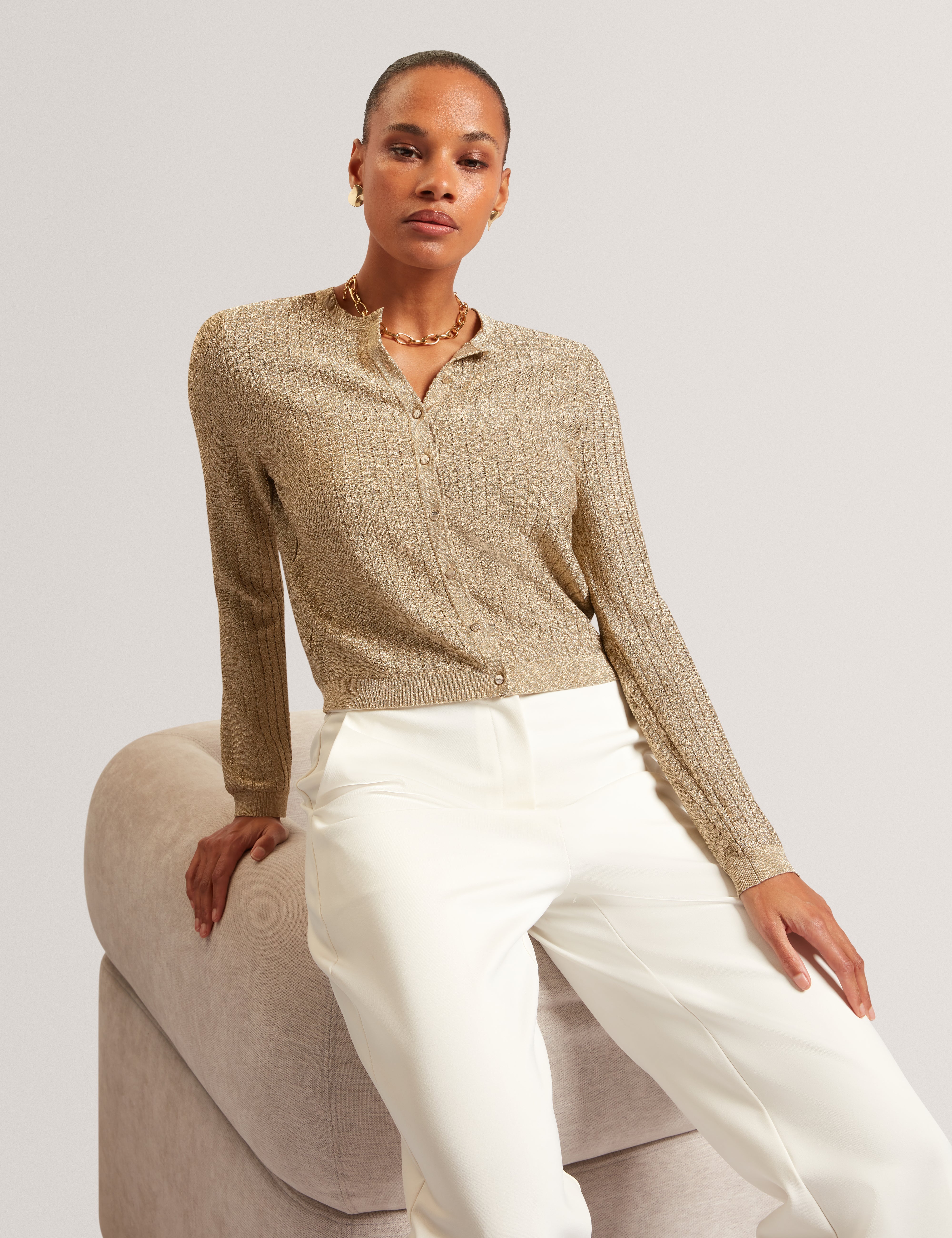 Iolanth Knitted Crew Neck Cropped Cardigan Gold