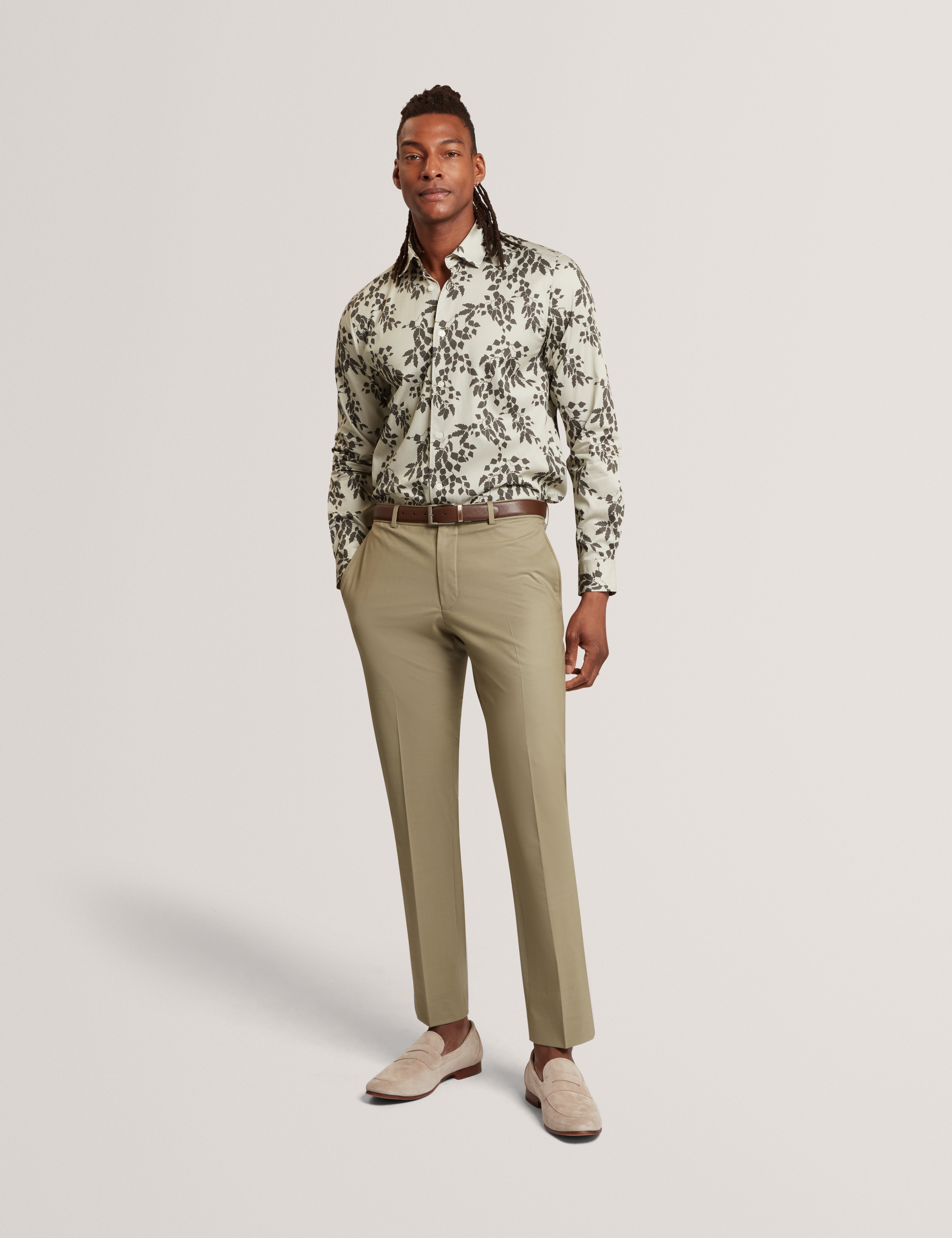 Dornan Ls Regular Shadow Leaf Print أخضر فاتح
