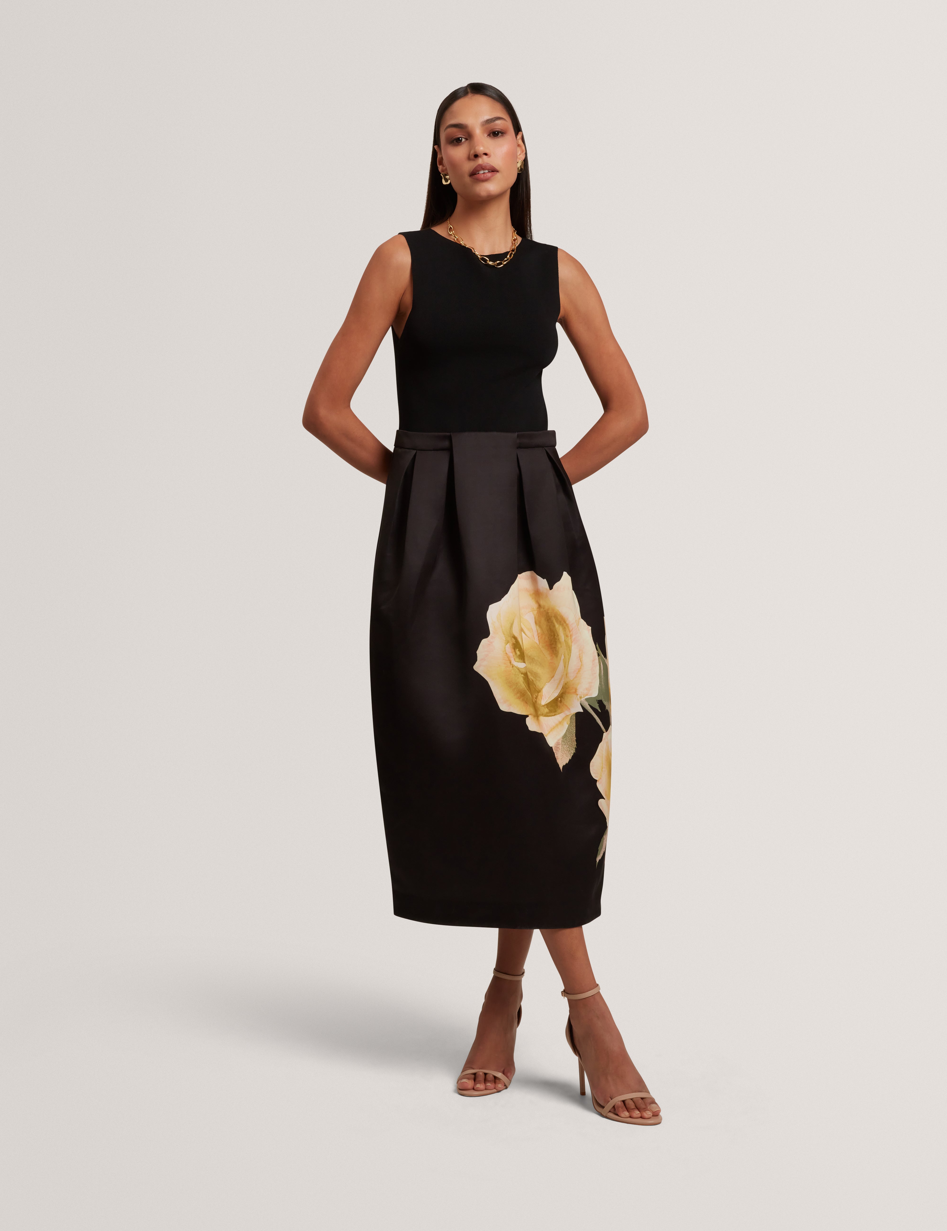Verinie Mockable Midi Dress With Printed Skirt Black