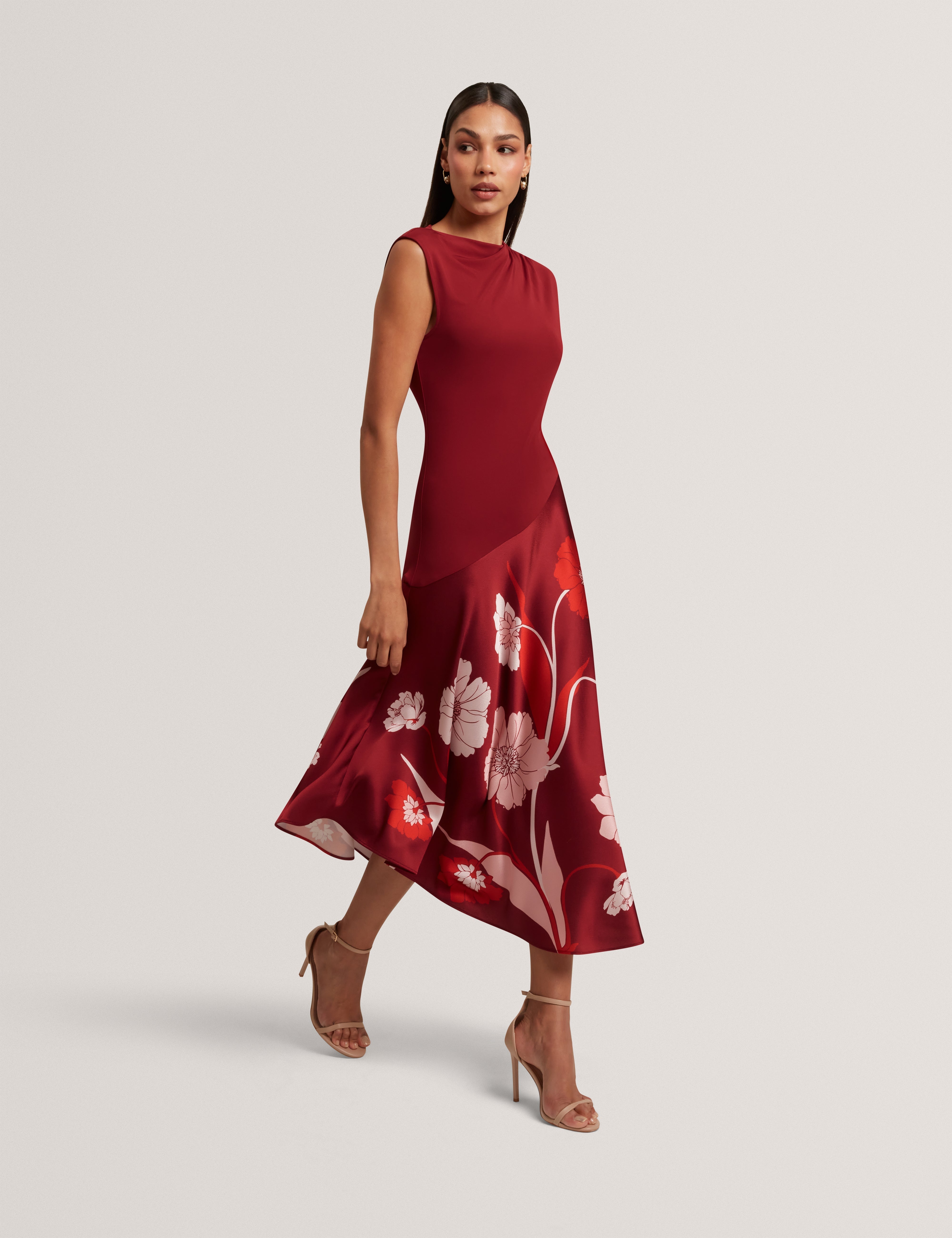 Aulya Printed Jersey Midi Dress With Satin Skirt Dk-Red