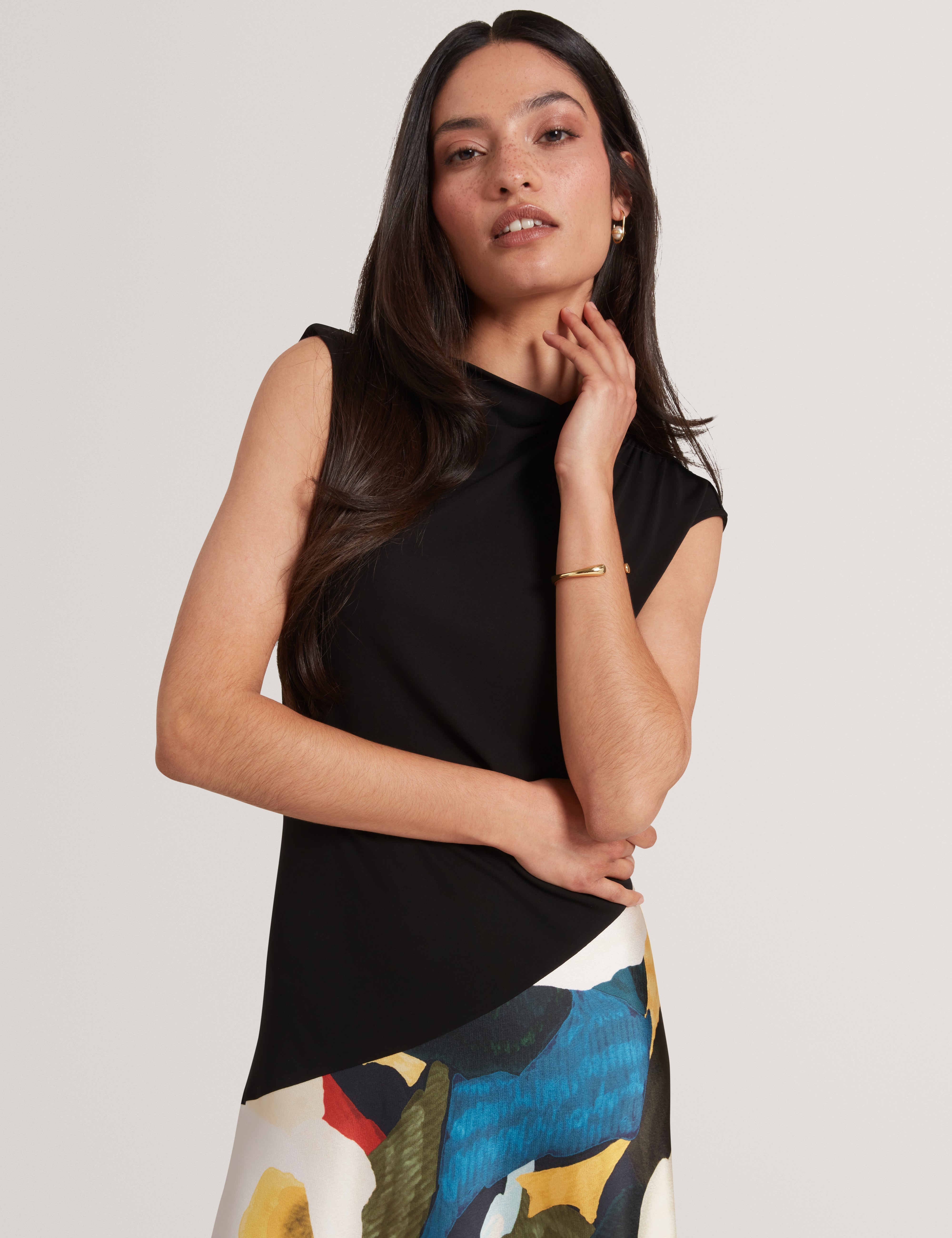 Aeslyn Printed Jersey Midi Dress With Satin Skirt Black