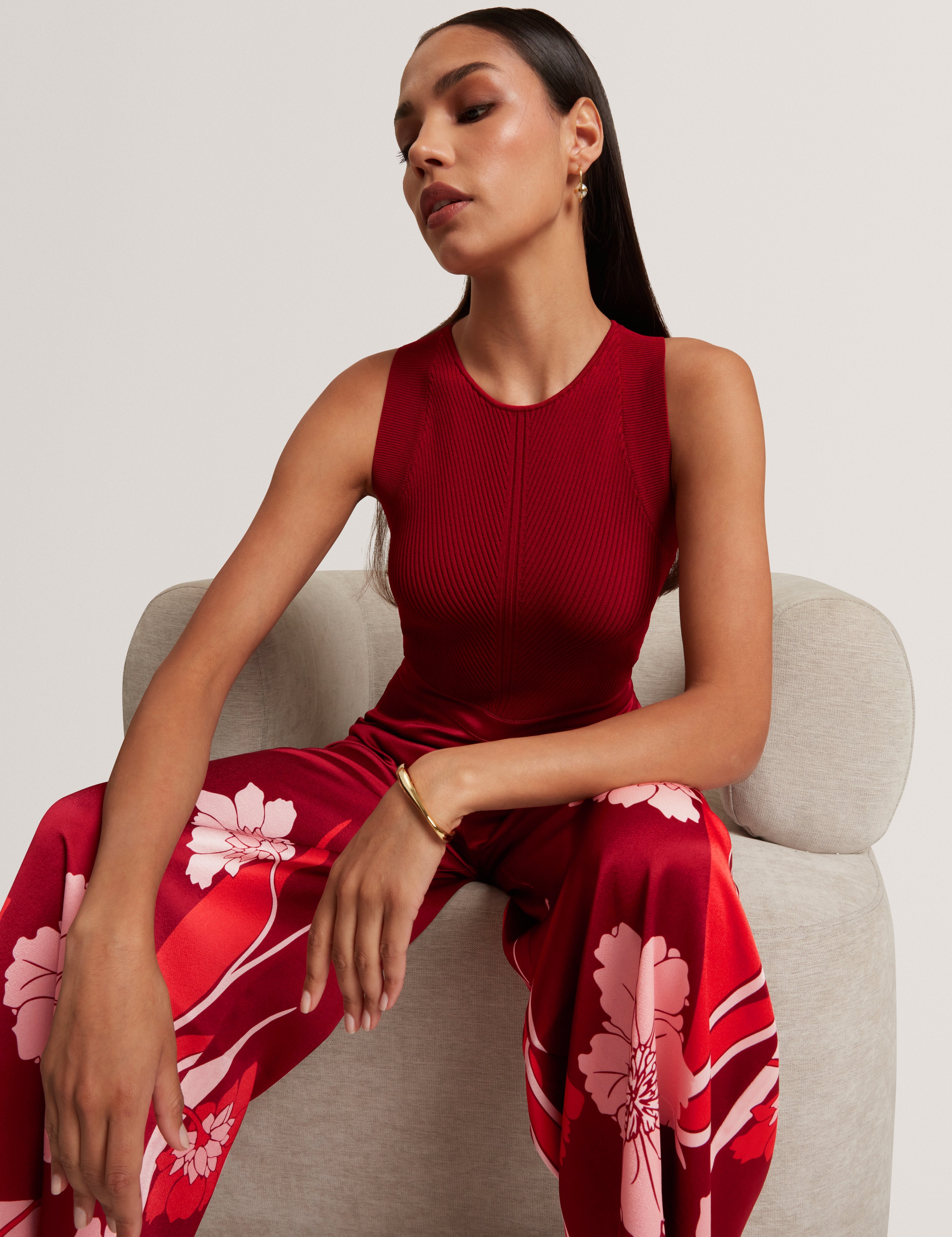 Izeny Knit Bodice Floral Printed Jumpsuit Dk-Red