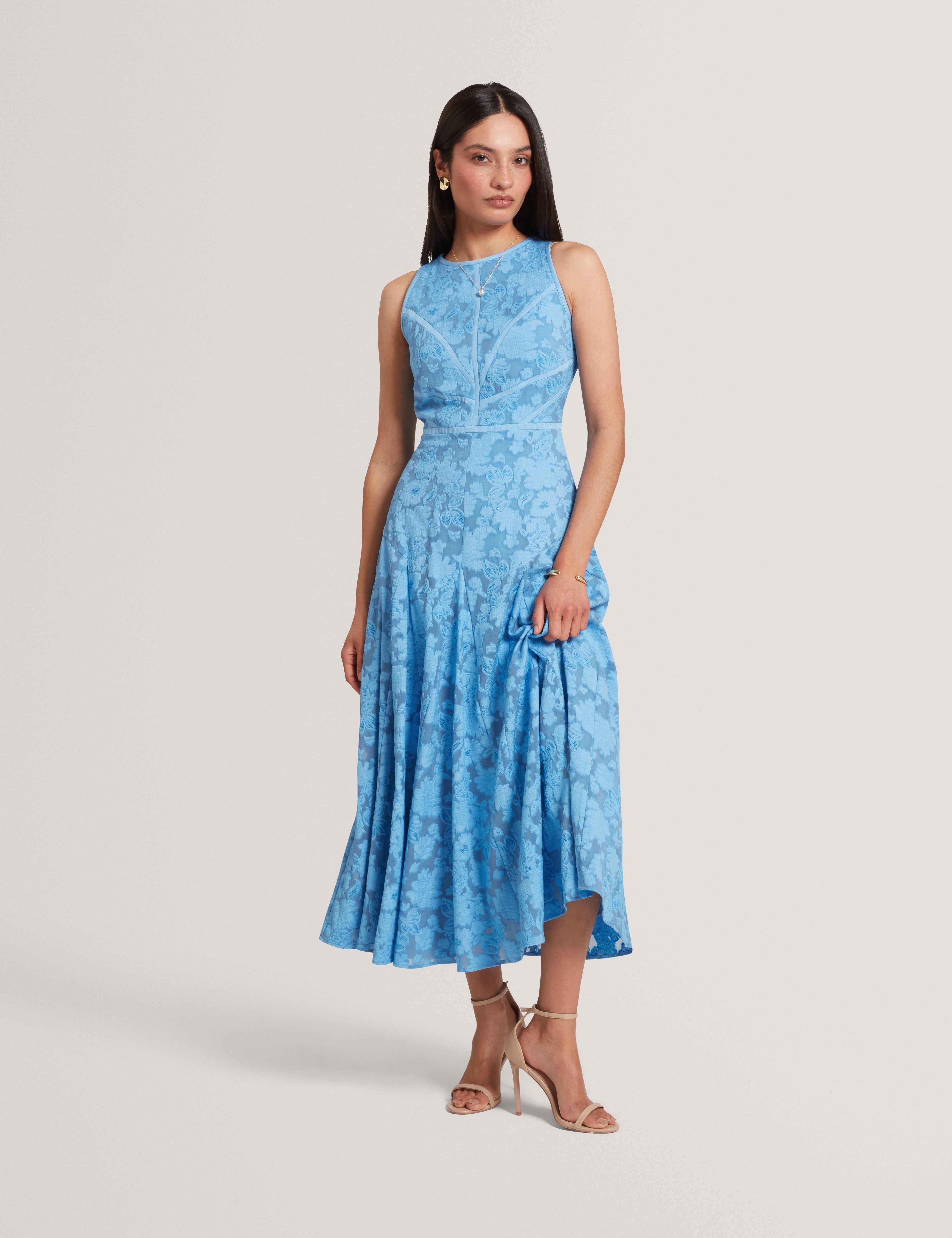 Leesaa Sleeveless Full Skirted Midi Dress Mid-Blue