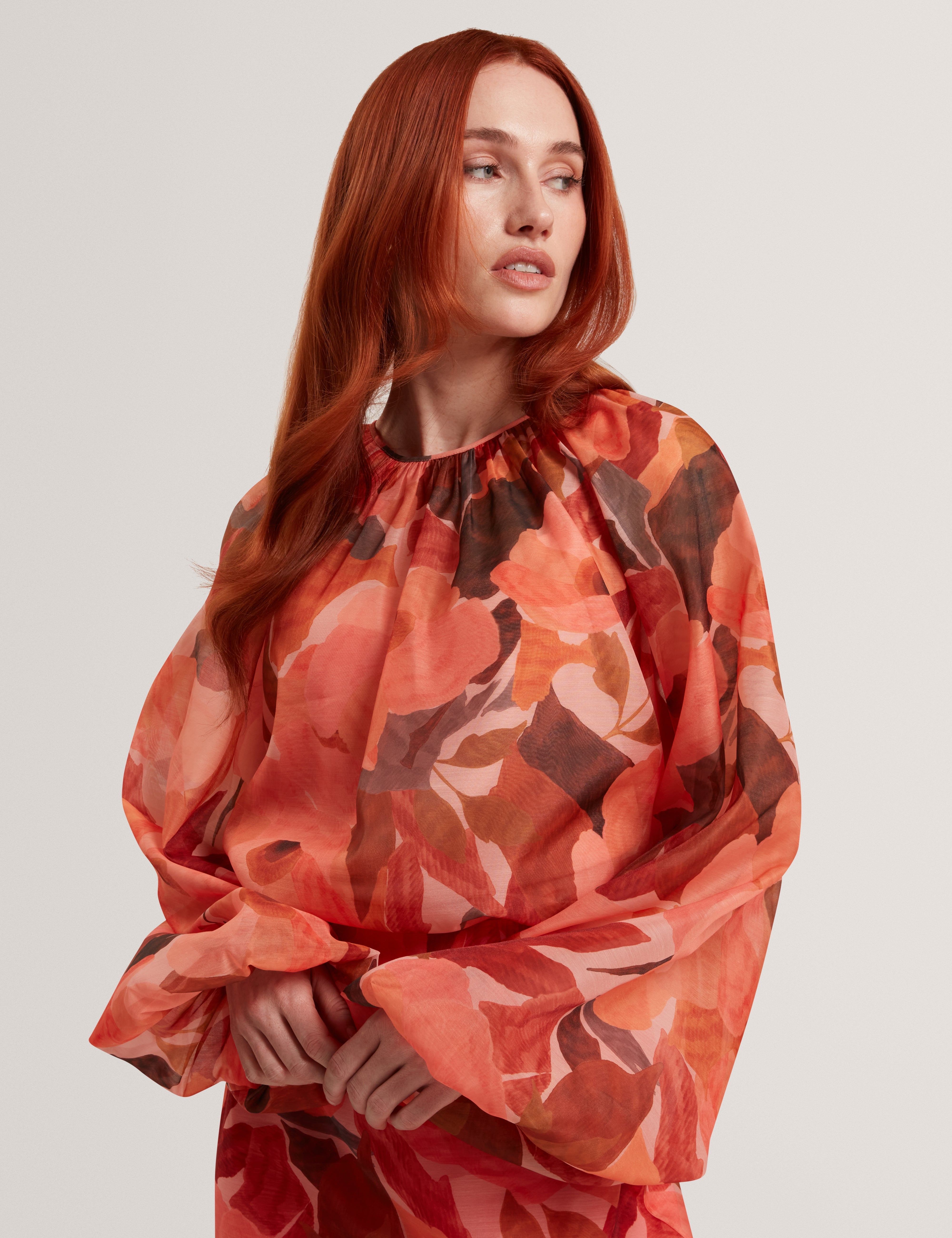 Sabrona Printed Blouse With Organza Overlay Coral