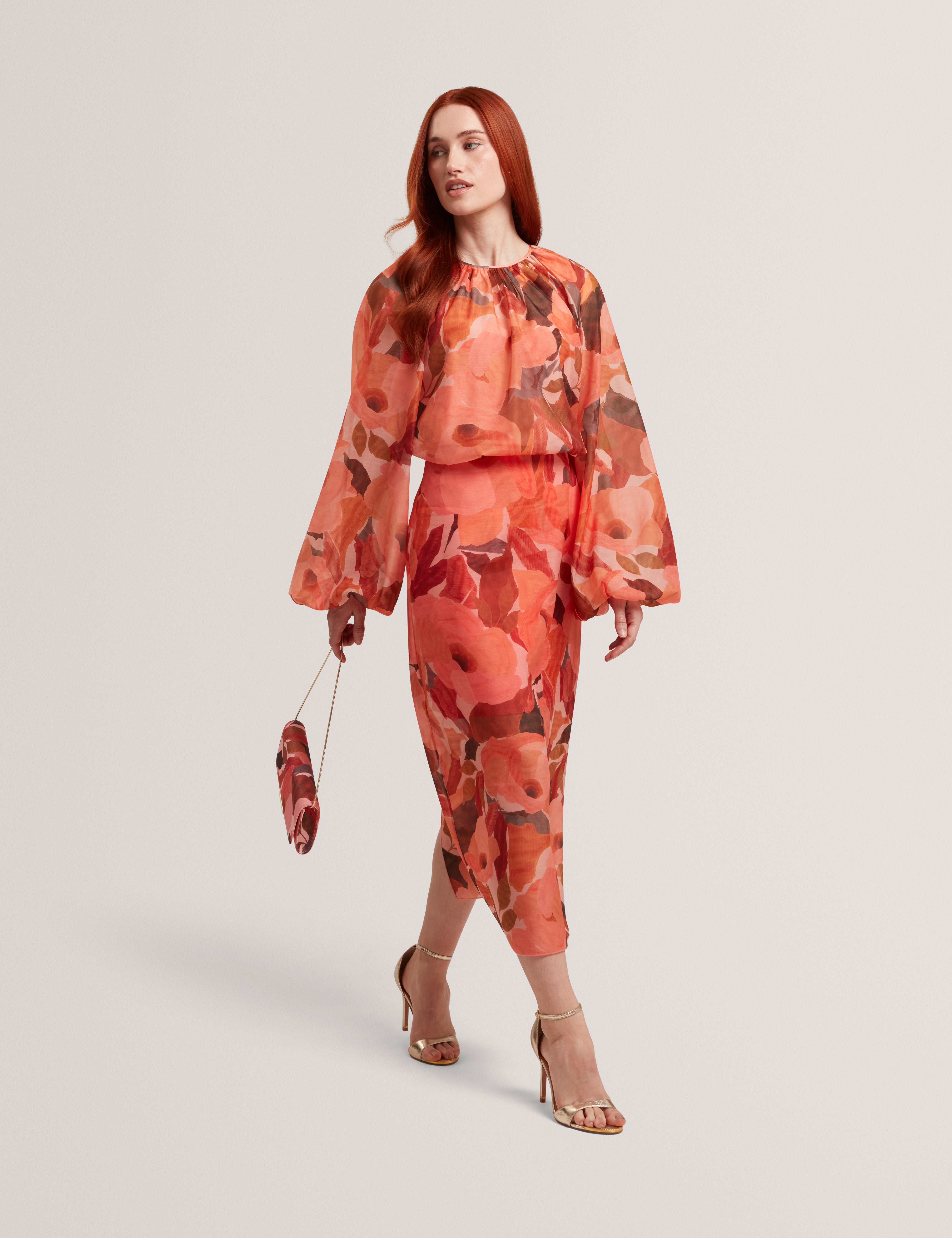 Sabrona Printed Blouse With Organza Overlay Coral