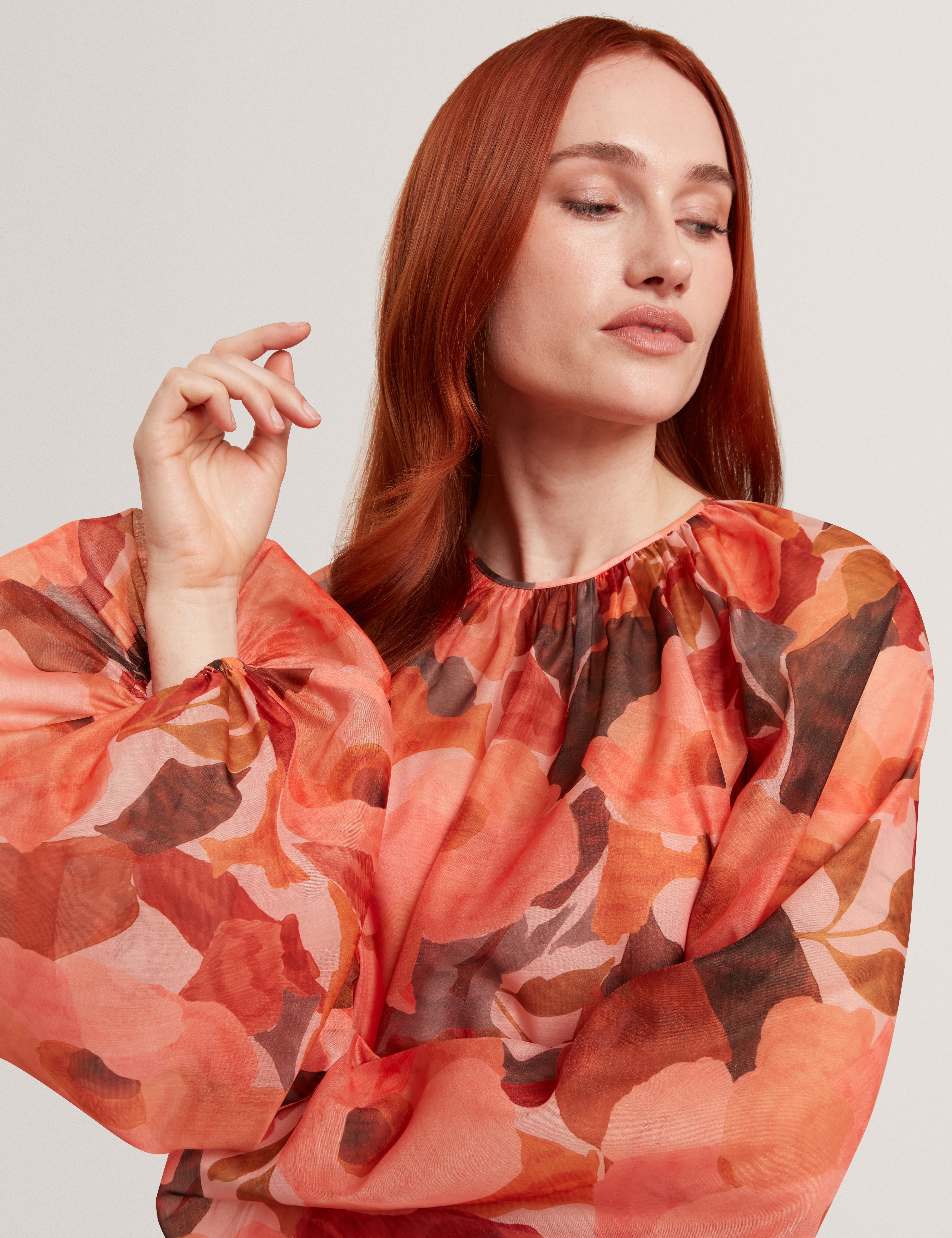 Sabrona Printed Blouse With Organza Overlay Coral