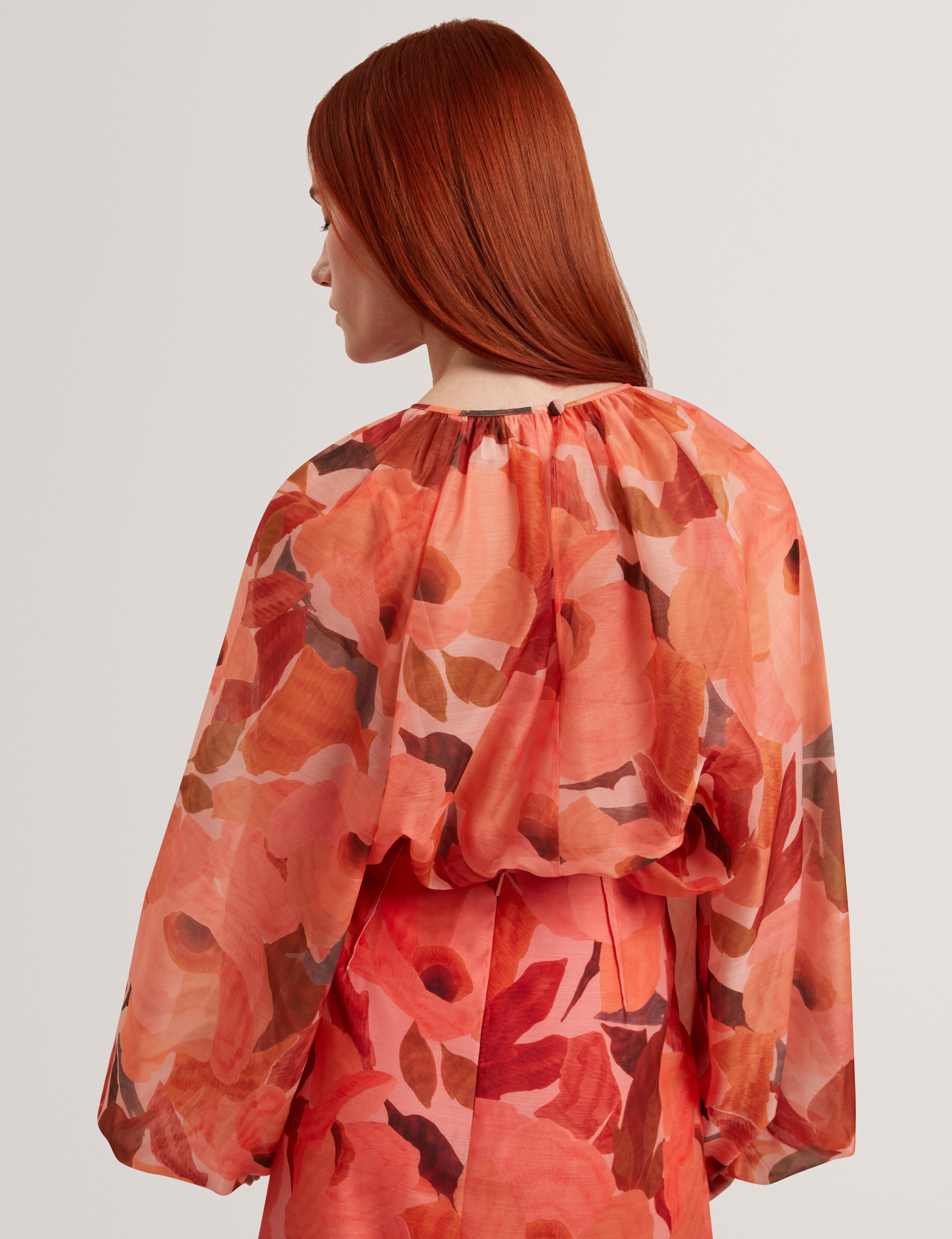 Sabrona Printed Blouse With Organza Overlay Coral