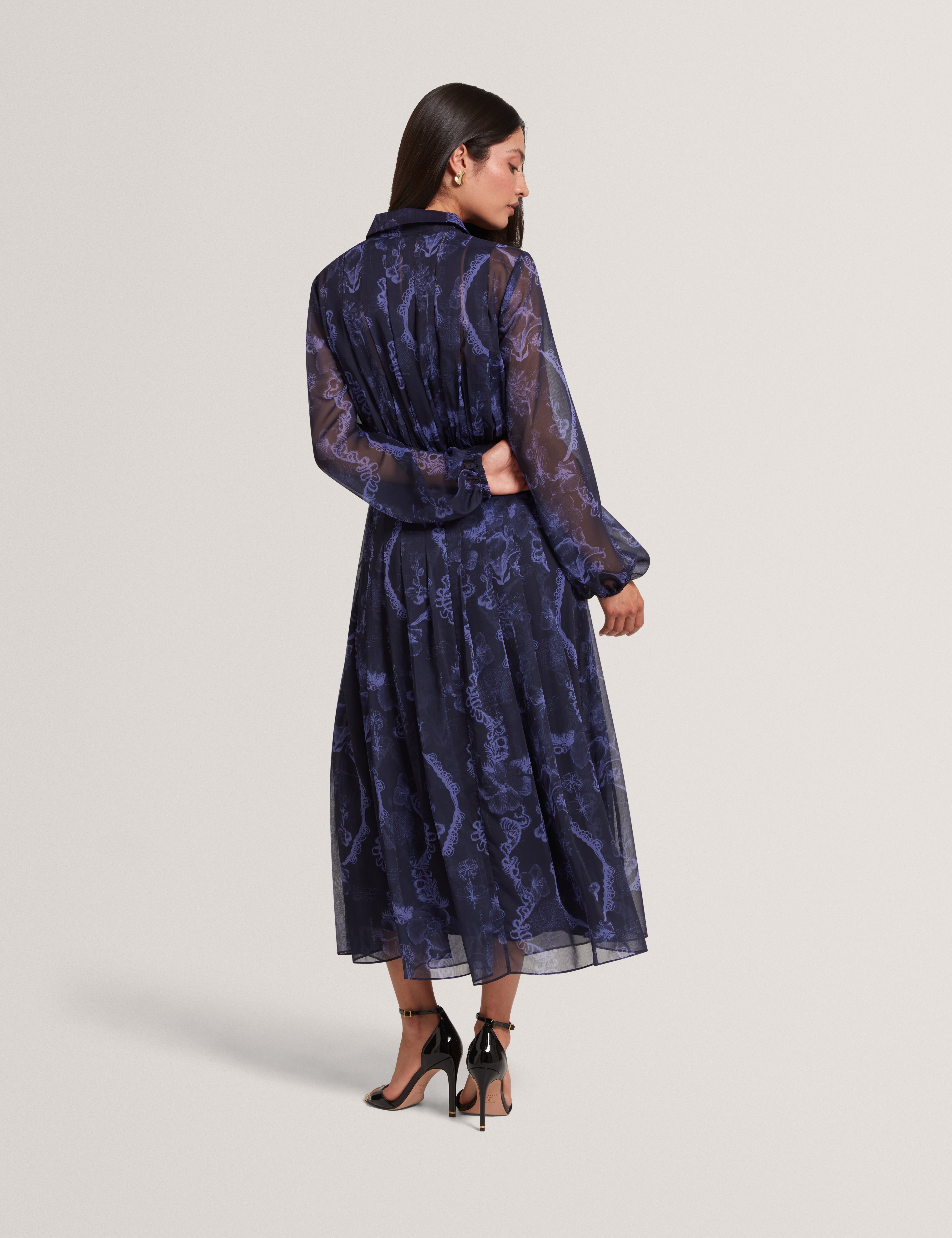 Oskana Pleated Midi Printed Shirt Dress Navy
