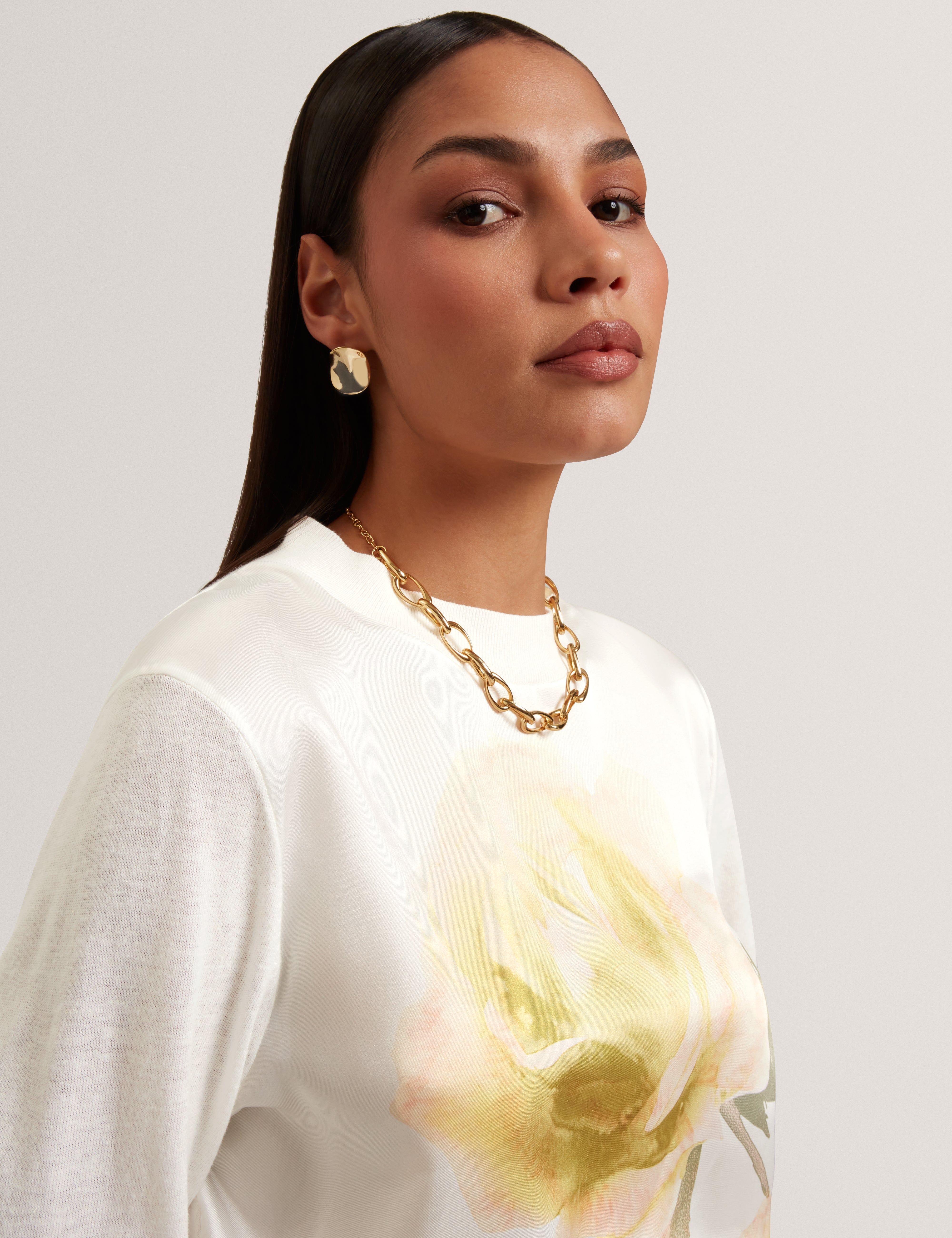 Rosinn Long Sleeve Printed Woven Front Sweater Ivory