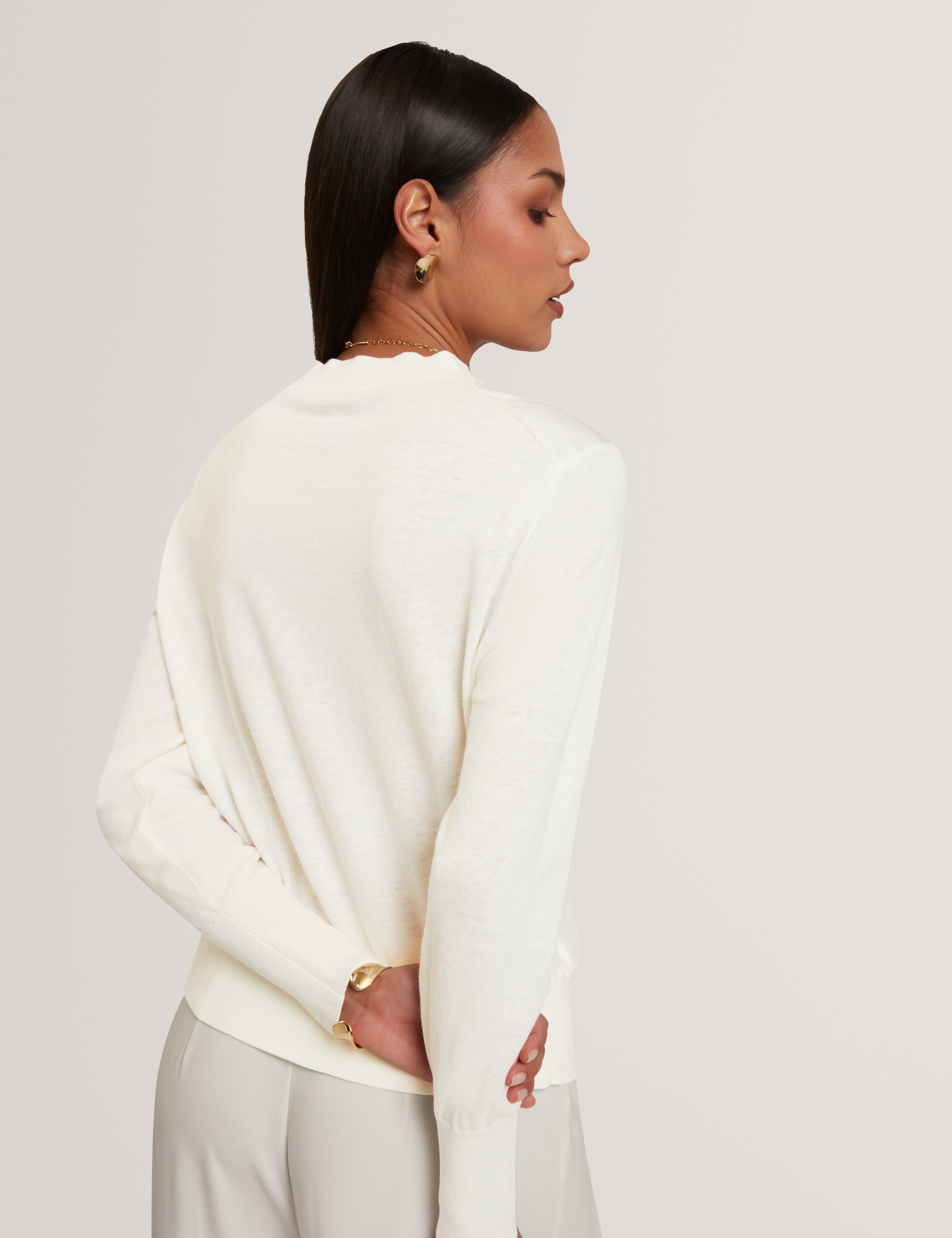 Rosinn Long Sleeve Printed Woven Front Sweater Ivory