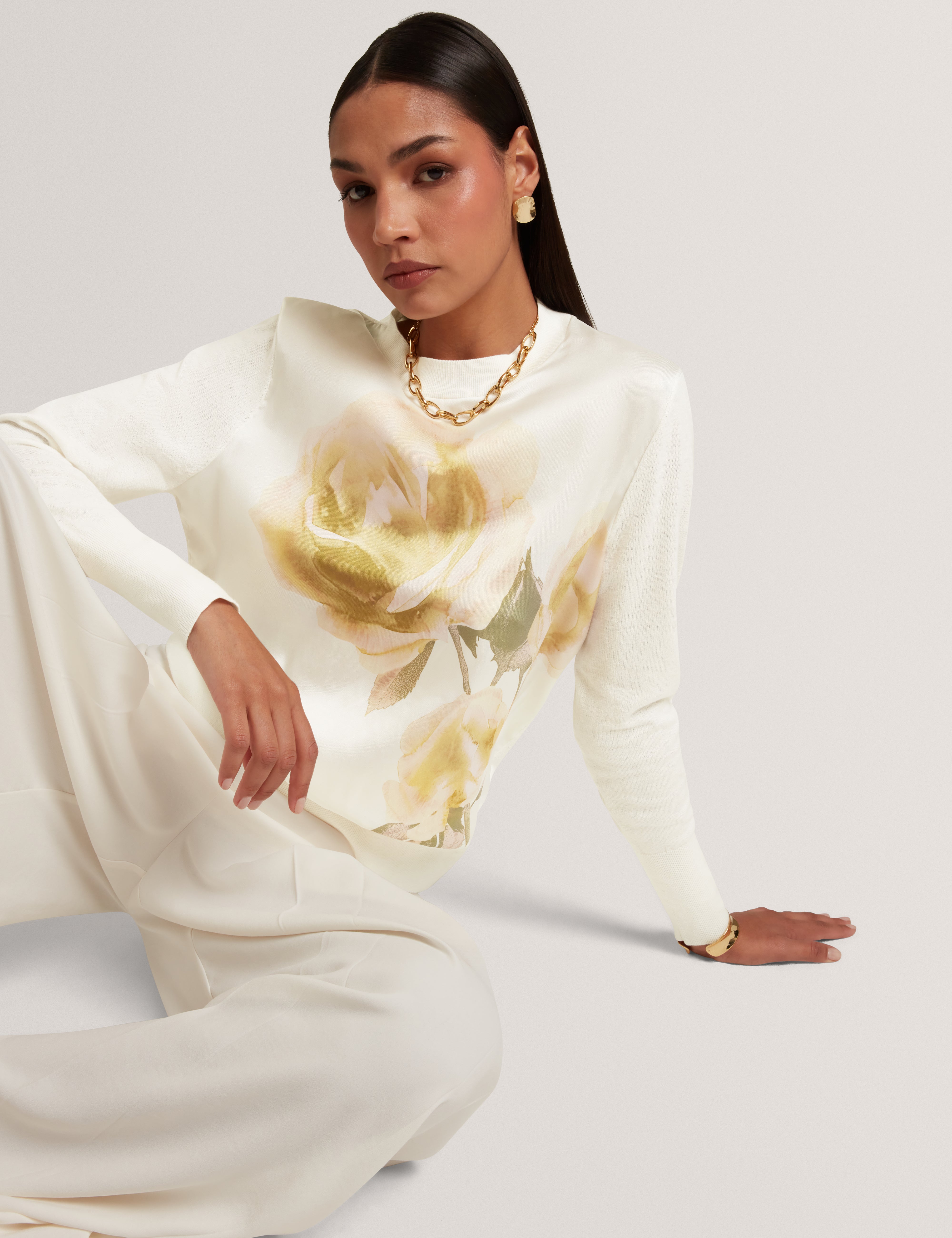 Rosinn Long Sleeve Printed Woven Front Sweater Ivory