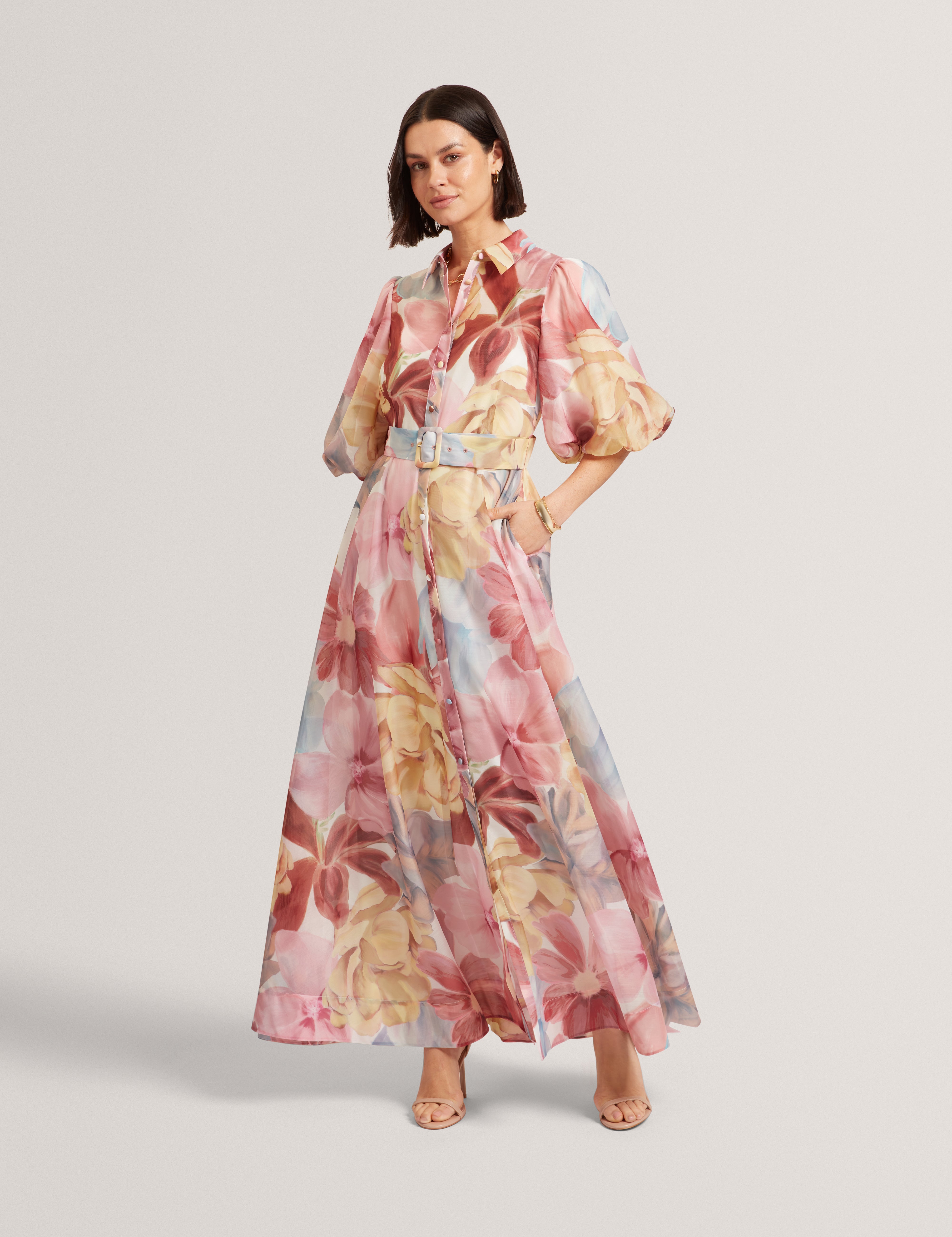 Solinee Puff Sleeve Floral Printed Midi Shirt Dress Ivory