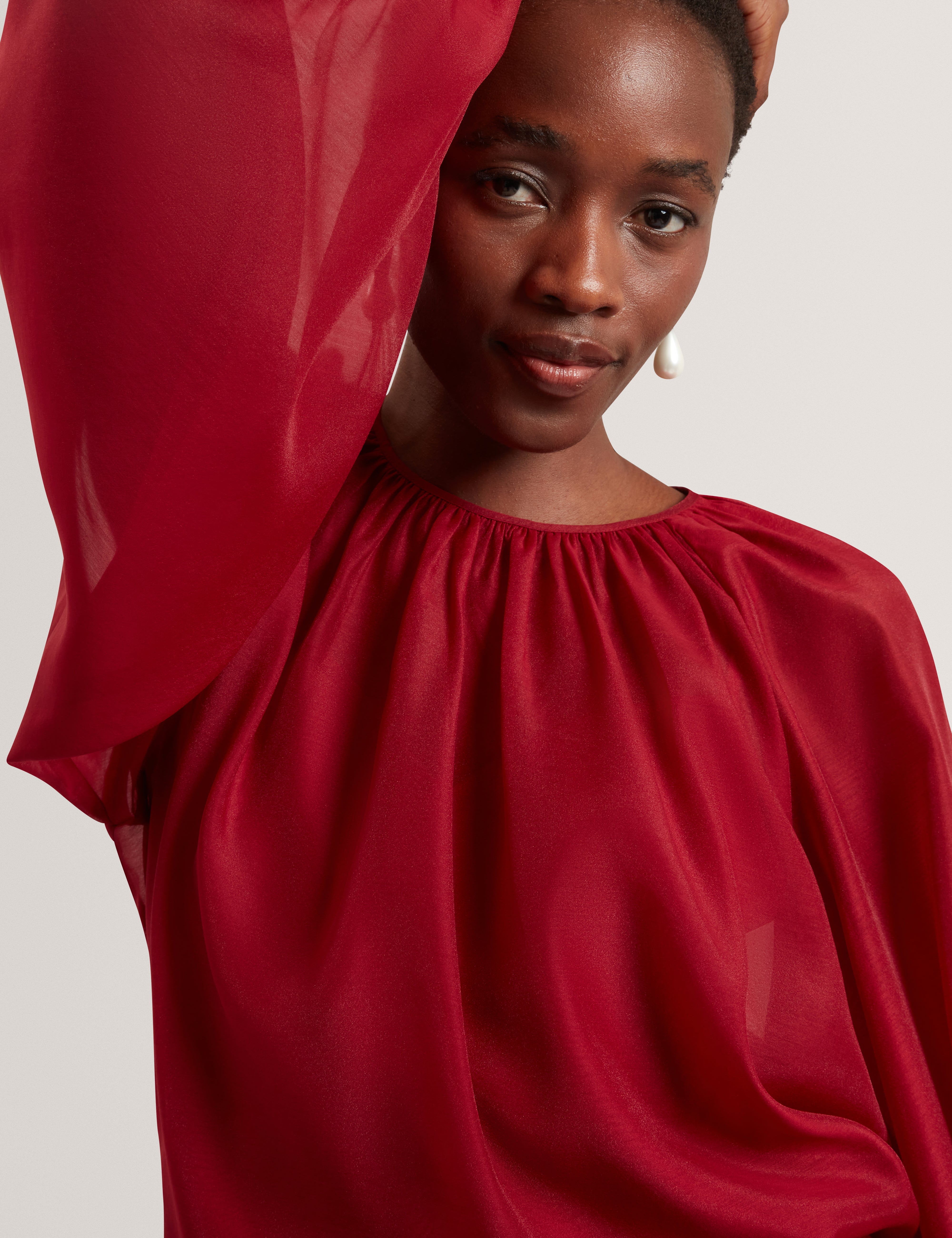 Eelana Puff Sleeve Blouse With Organza Overlay Dk-Red