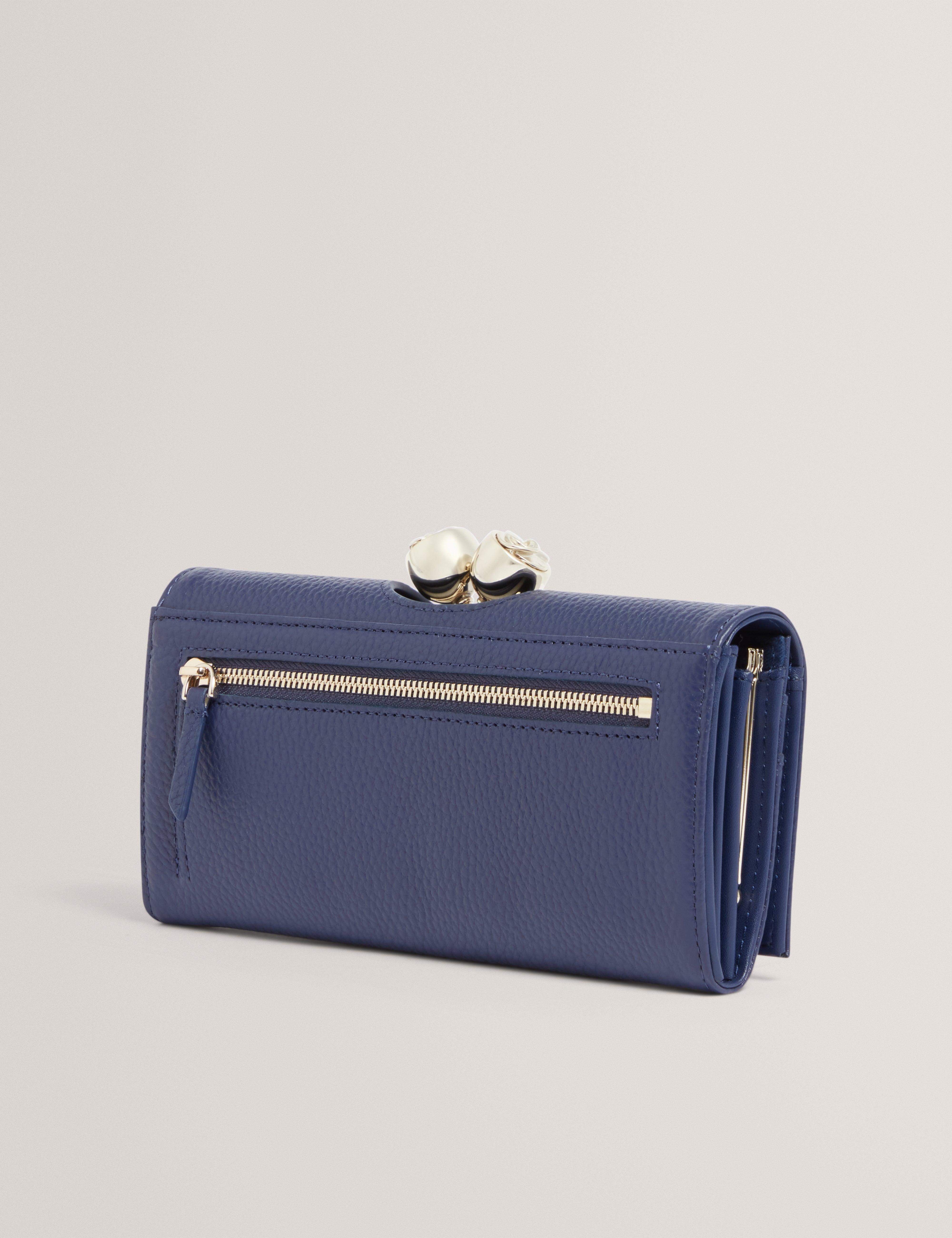 Roosali Rose Detail Leather Large Bobble Purse Dk-Blue