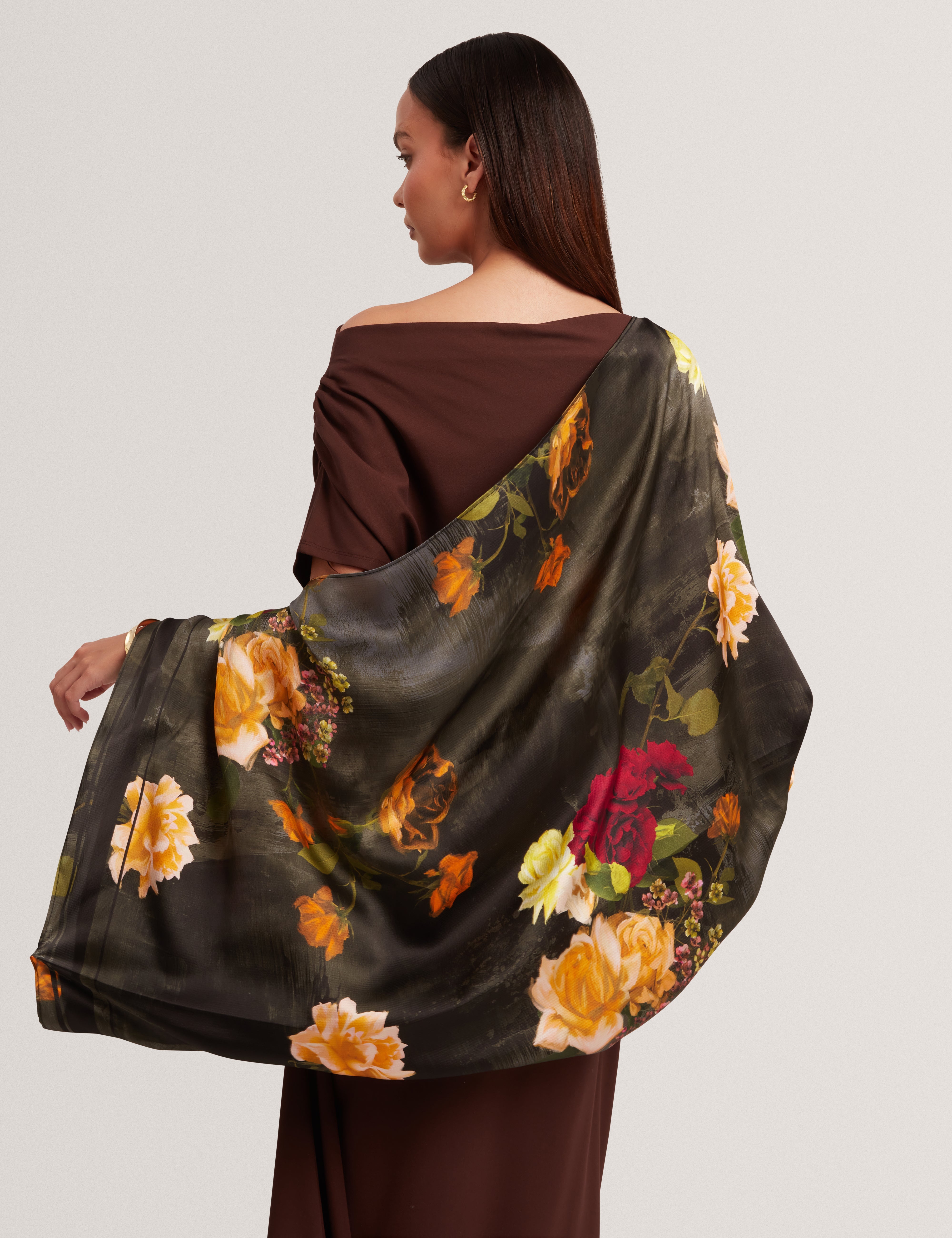 Faylos Printed Floral Cape Scarf Black